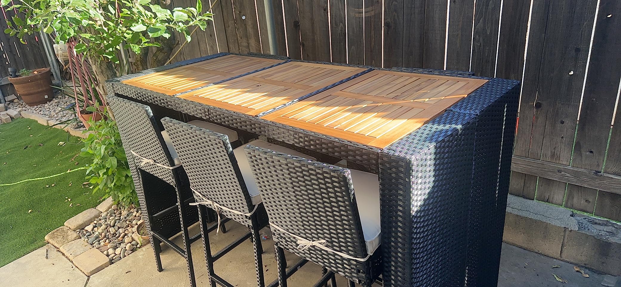 Yaheetech 7 Piece Patio Dining Set Outdoor Acacia Wood Bar Table and Chairs with Removable Cushions, Wicker Furniture Set for Deck, Backyard, Garden, Black/Beige customer photo 1