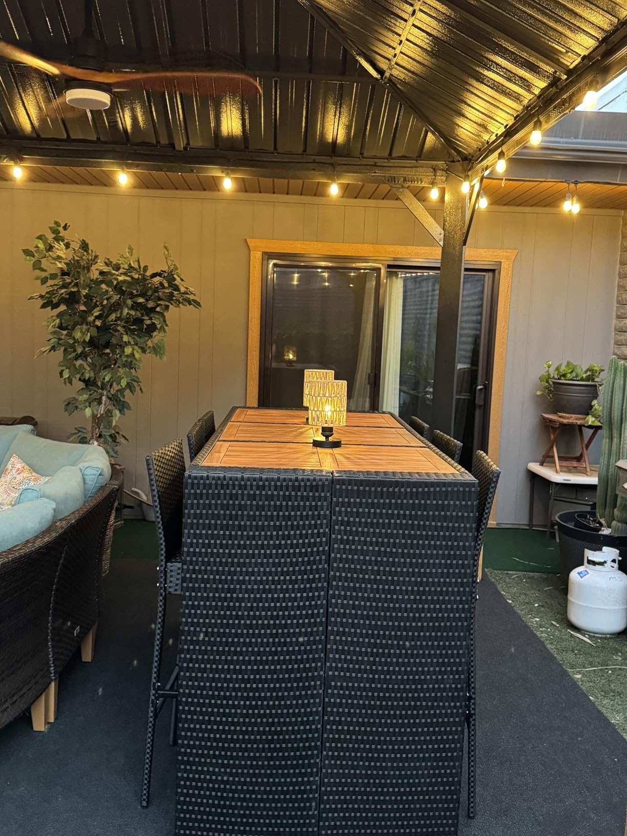 Yaheetech 7 Piece Patio Dining Set Outdoor Acacia Wood Bar Table and Chairs with Removable Cushions, Wicker Furniture Set for Deck, Backyard, Garden, Black/Beige customer photo 2