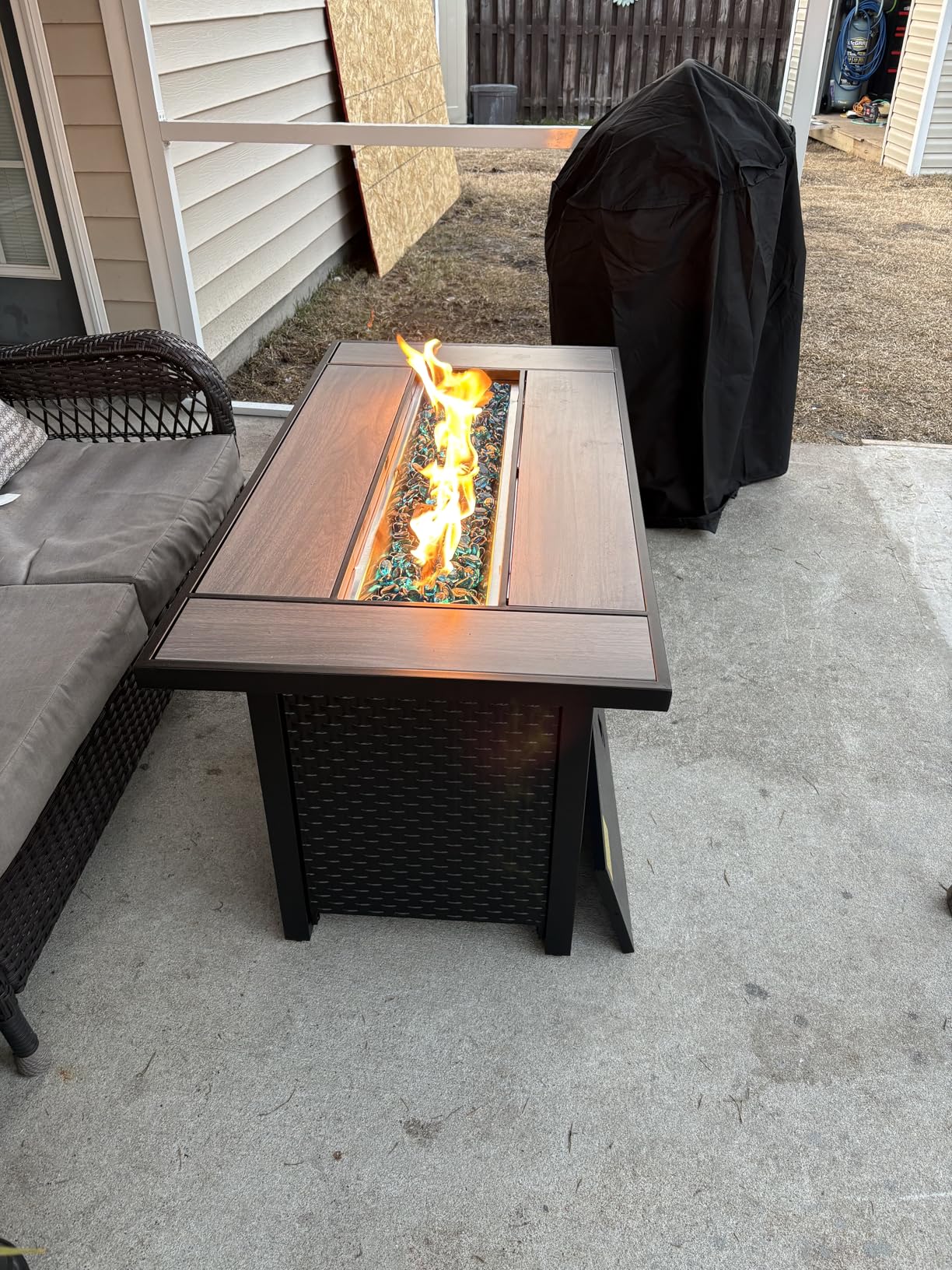 45 Inch Propane Fire Pit Table, 50,000 BTU Outdoor Gas Fire Pit for Patio & Backyard, 2-in-1 Firepit Dining Table with Glass Wind Guard, Blue Glass Rocks & Waterproof Cover customer photo 1