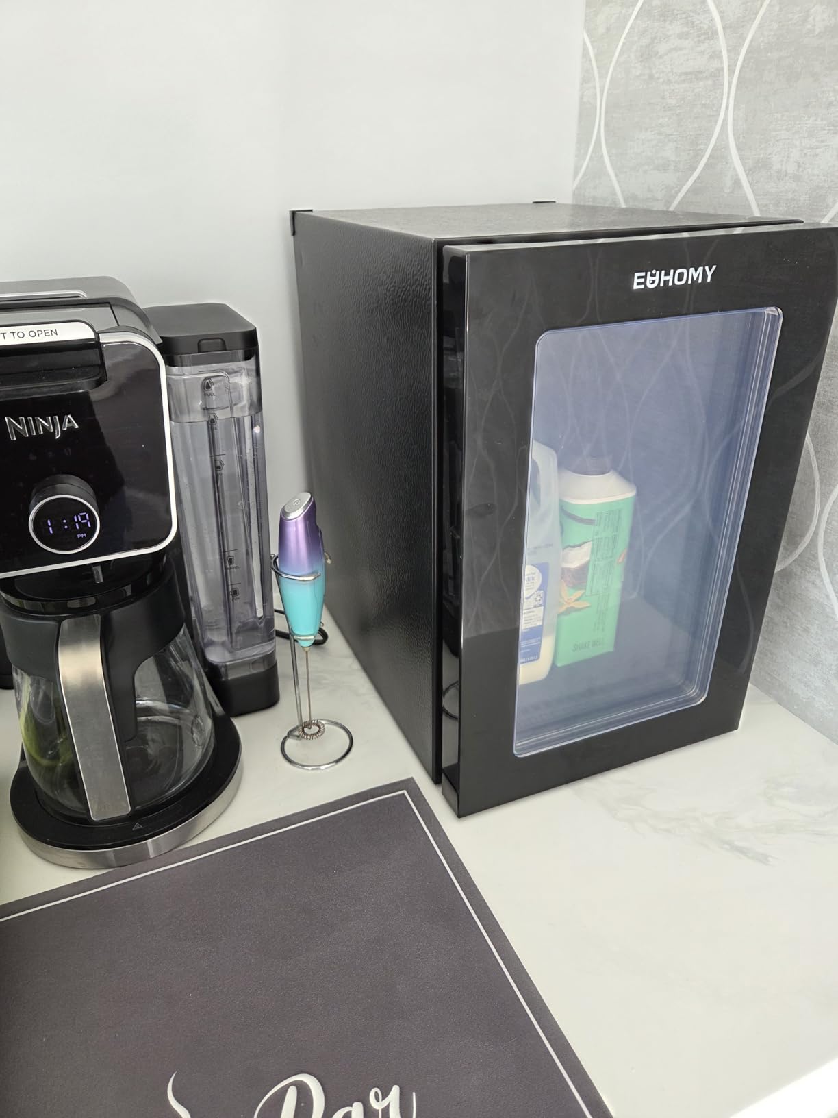 EUHOMY 48 Can Beverage Refrigerator cooler-Mini Fridge Glass Door for Beer Drinks Wines, Countertop Beverage Fridge with Adjustable Shelves Blue LED for Home/Office/Dorm/Bar, 1.3 cu.ft customer photo 1