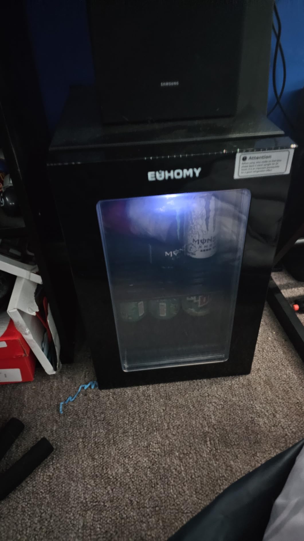 EUHOMY 48 Can Beverage Refrigerator cooler-Mini Fridge Glass Door for Beer Drinks Wines, Countertop Beverage Fridge with Adjustable Shelves Blue LED for Home/Office/Dorm/Bar, 1.3 cu.ft customer photo 2