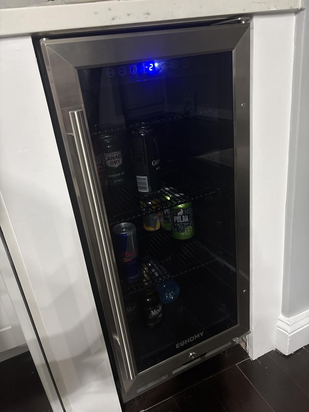 EUHOMY 15 Inch Beverage Refrigerator Cooler Under Counter 127 Cans Beverage Fridge Built-in or Freestanding with Glass Door, LED Light, Beer Fridge for Soda, Water, Wine - Home Kitchen Bar. customer photo 1