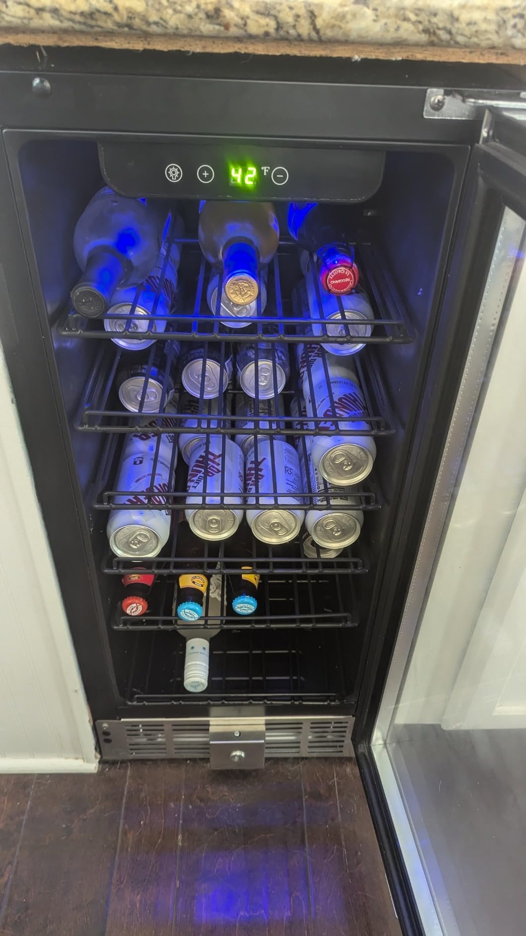 EUHOMY 15 Inch Beverage Refrigerator Cooler Under Counter 127 Cans Beverage Fridge Built-in or Freestanding with Glass Door, LED Light, Beer Fridge for Soda, Water, Wine - Home Kitchen Bar. customer photo 2