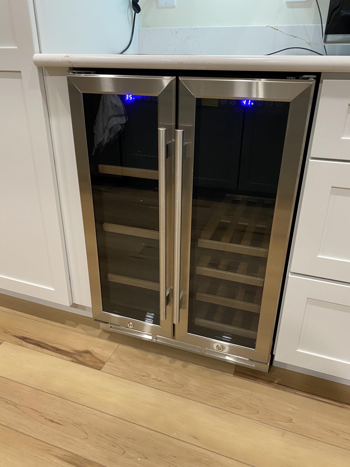 EUHOMY Wine and Beverage Refrigerator, 24 Inch Dual Zone Wine Cooler with Glass Door Hold 21 Bottles and 88 Cans, Built in or Under Counter Wine Fridge with Blue LED Light customer photo 2