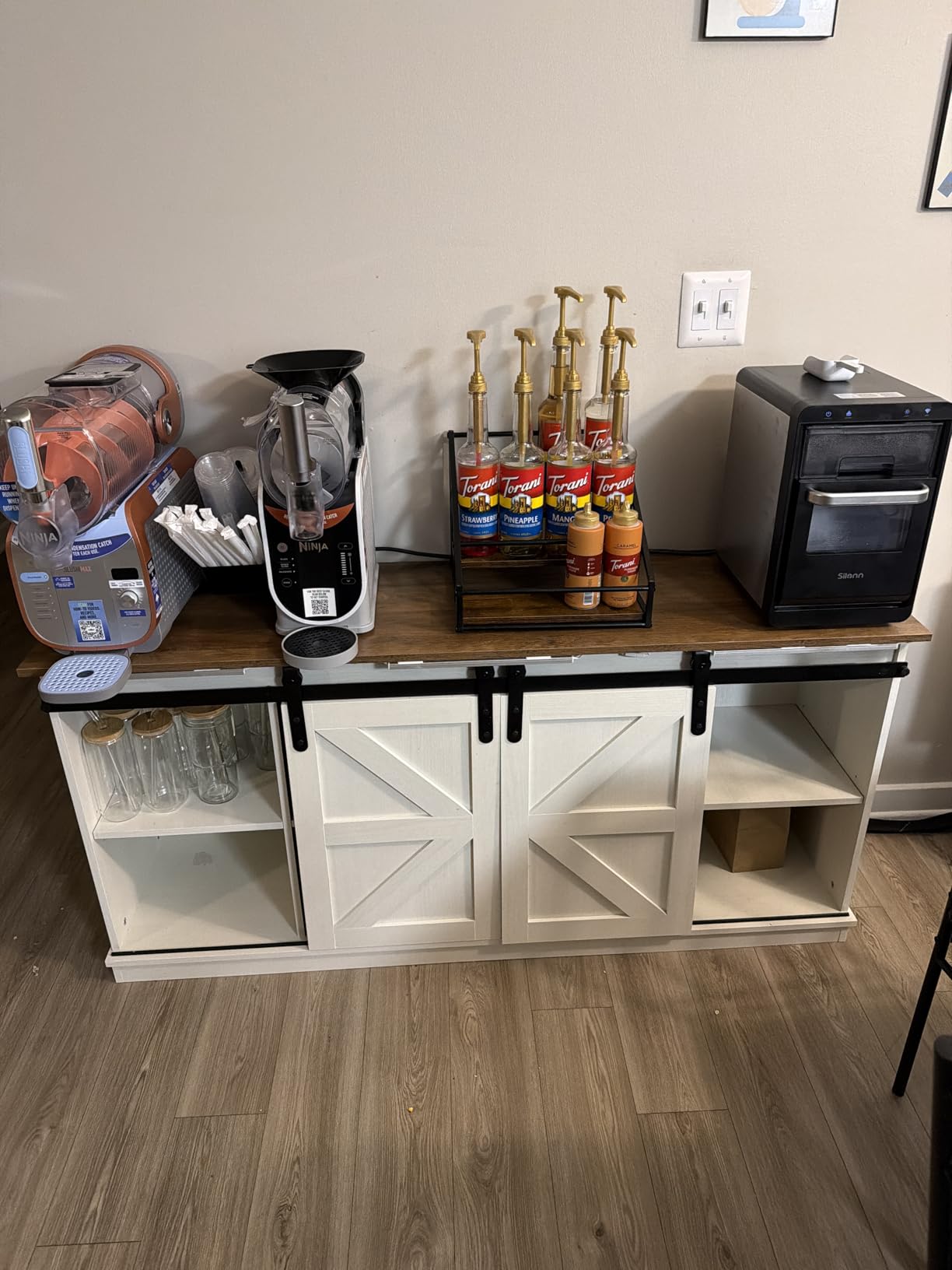 Shahoo Farmhouse Sideboard Buffet Cabinet, Coffee Bar Storage with Sliding Barn Doors, Shelf for Home Dining Room, White customer photo 1