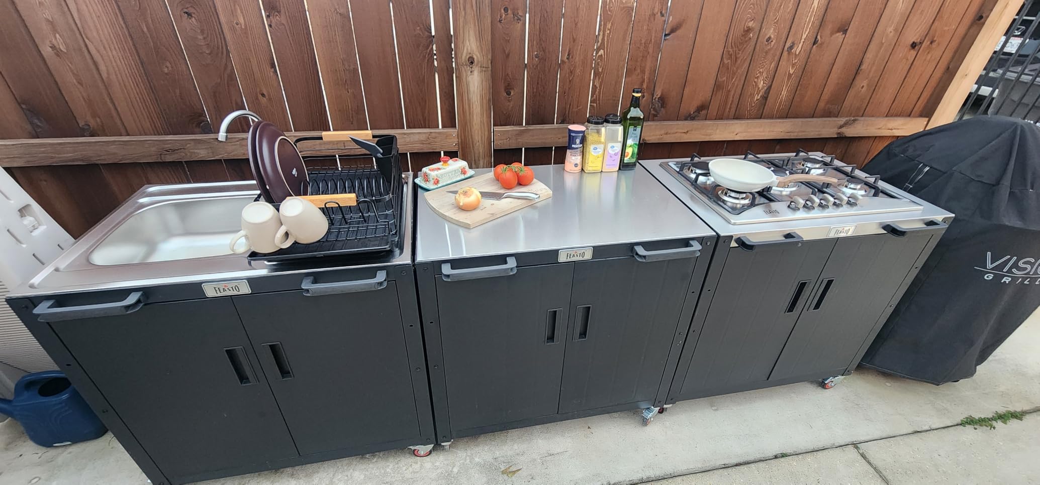 Feasto Outdoor Grill Cart with Storage Cabinet and Stainless Steel Top, 35-Inch Outdoor Grill Station with Door, Modular Kitchen Island for Food Prep and BBQ, Black & Silver customer photo 1