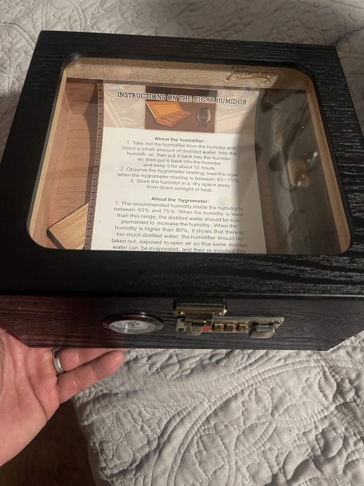 Cigar Humidor, Cedar Wood Humidor Cigar Box, Glass Top Desktop Humidor with Front Hygrometer, Humidifier, Divider, Accessories Drawer and Combination Lock, Cigar Gifts for Men (Brown) customer photo 2