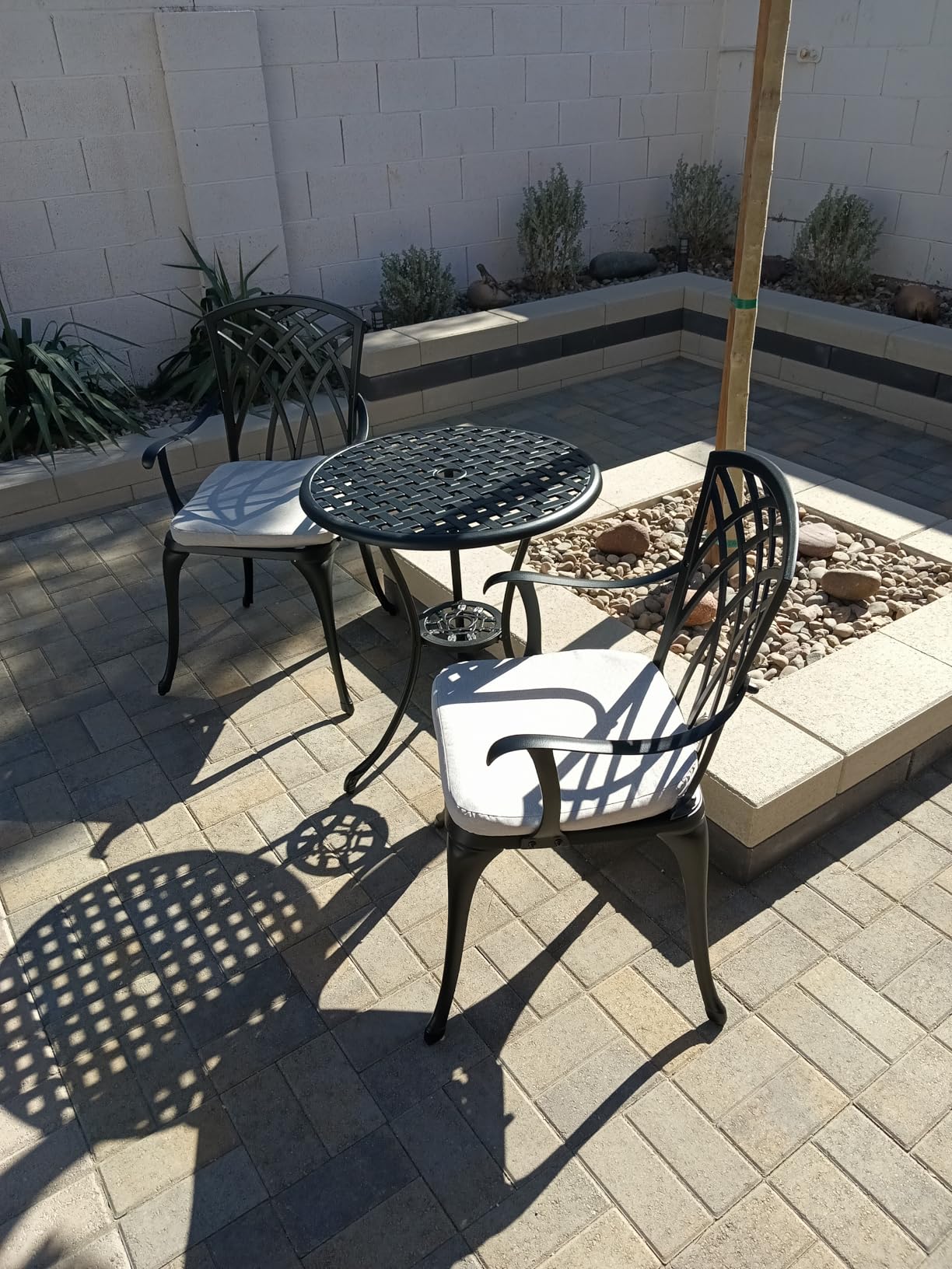 NUU GARDEN Bistro Set 3 Piece Outdoor Cast Aluminum Patio Bistro Set Patio Table and Chairs Set of 2 with Umbrella Hole and Gray Cushions, Black customer photo 1
