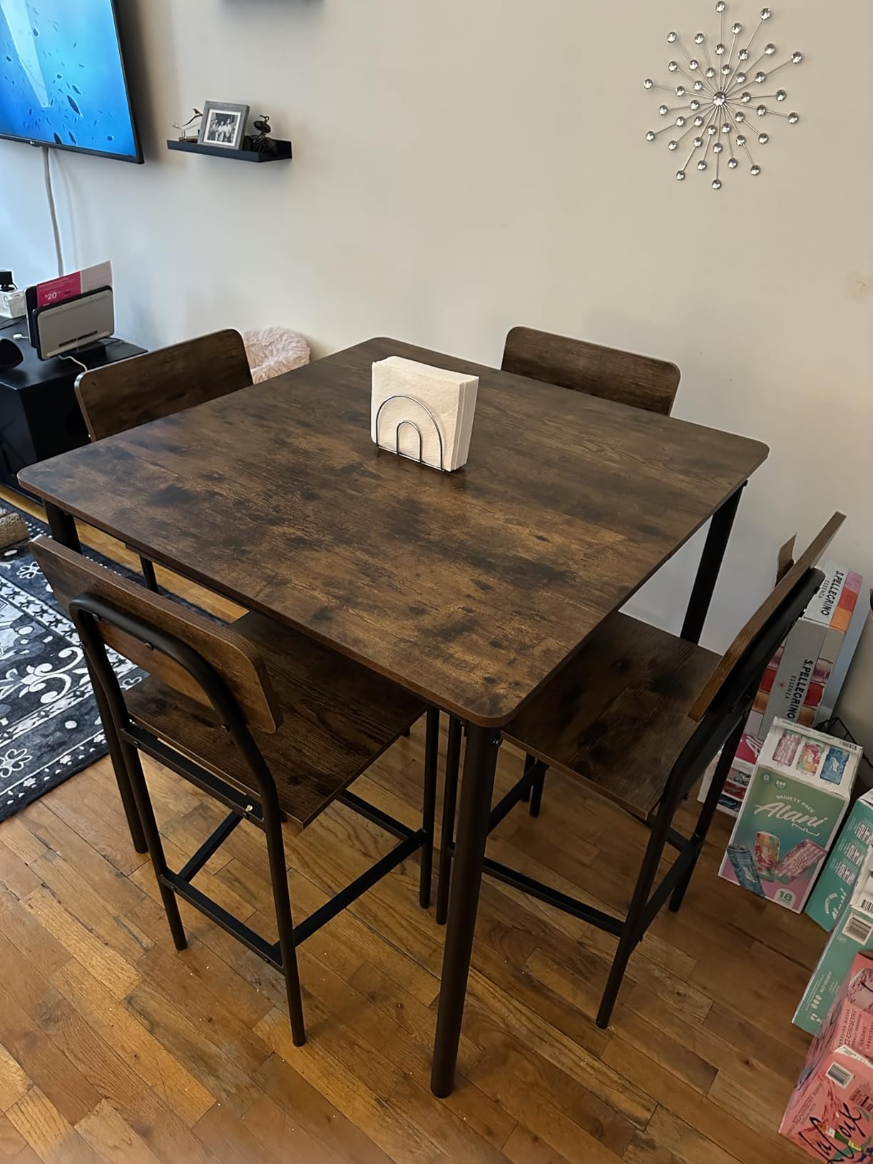 Giantex 5-Piece Dining Table Set W/Counter Height Table & 4 Bar Stools, Industrial Kitchen Dining Set W/Footrest & Backrest, Space-Saving Dinette Set for Pub, Dining Room, Restaurant (Mix Brown) customer photo 2