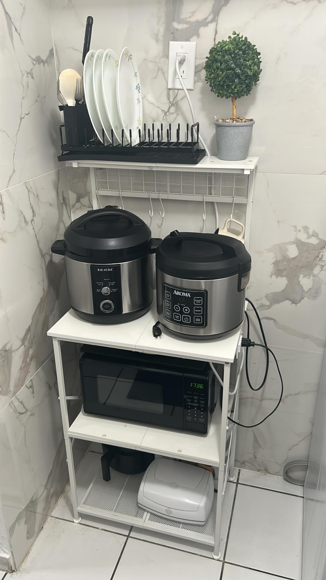 Furologee Kitchen Bakers Rack with Power Outlet, Microwave Oven Stand with Storage 4 Tiers, Coffee Bar Table with 6 S Hooks, Kitchen Storage Shelf Rack for Spices, Pots, Rustic Brown customer photo 1