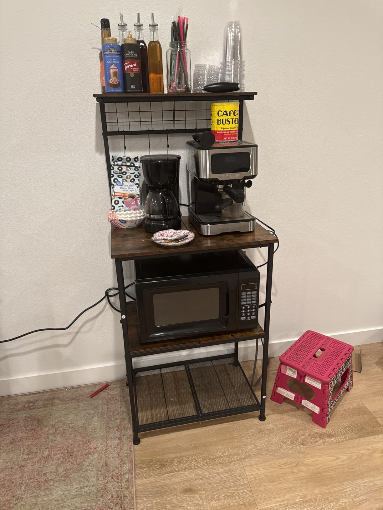 Furologee Kitchen Bakers Rack with Power Outlet, Microwave Oven Stand with Storage 4 Tiers, Coffee Bar Table with 6 S Hooks, Kitchen Storage Shelf Rack for Spices, Pots, Rustic Brown customer photo 2