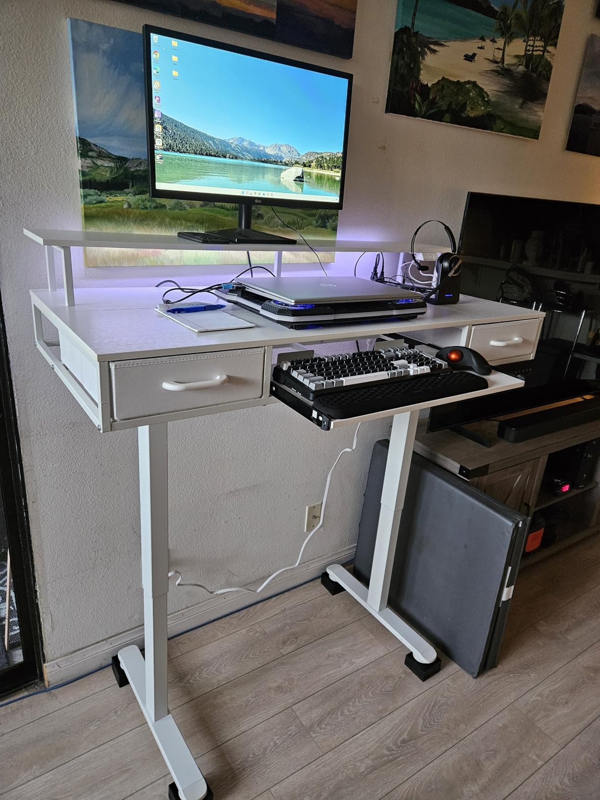 AODK Electric Standing Desk with Drawers & Keyboard Tray, 55 Inch Height Adjustable Gaming Desk with Power Outlets & LED Lights, Sit Stand Table with Monitor Stand for Home, Office, Rustic Brown customer photo 2