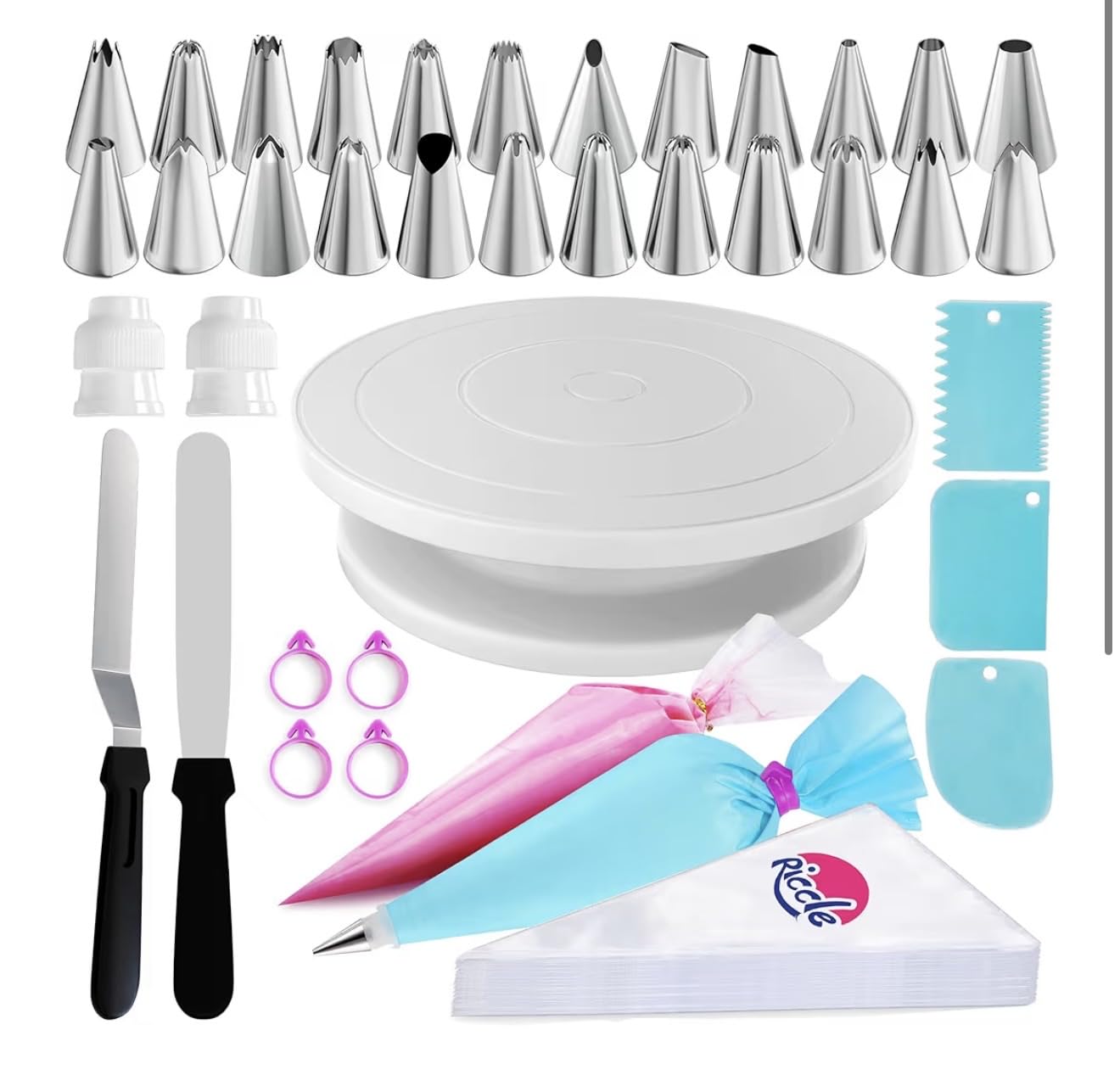 Riccle 88 pcs Cake Decorating Kit with Cake Turntable - Includes 50 Disposable + 2 Reusable Piping Bags and Tips Set, 24 Icing Piping Tips, 2 Spatulas, 3 Icing Comb Scraper, Baking Supplies customer photo 1
