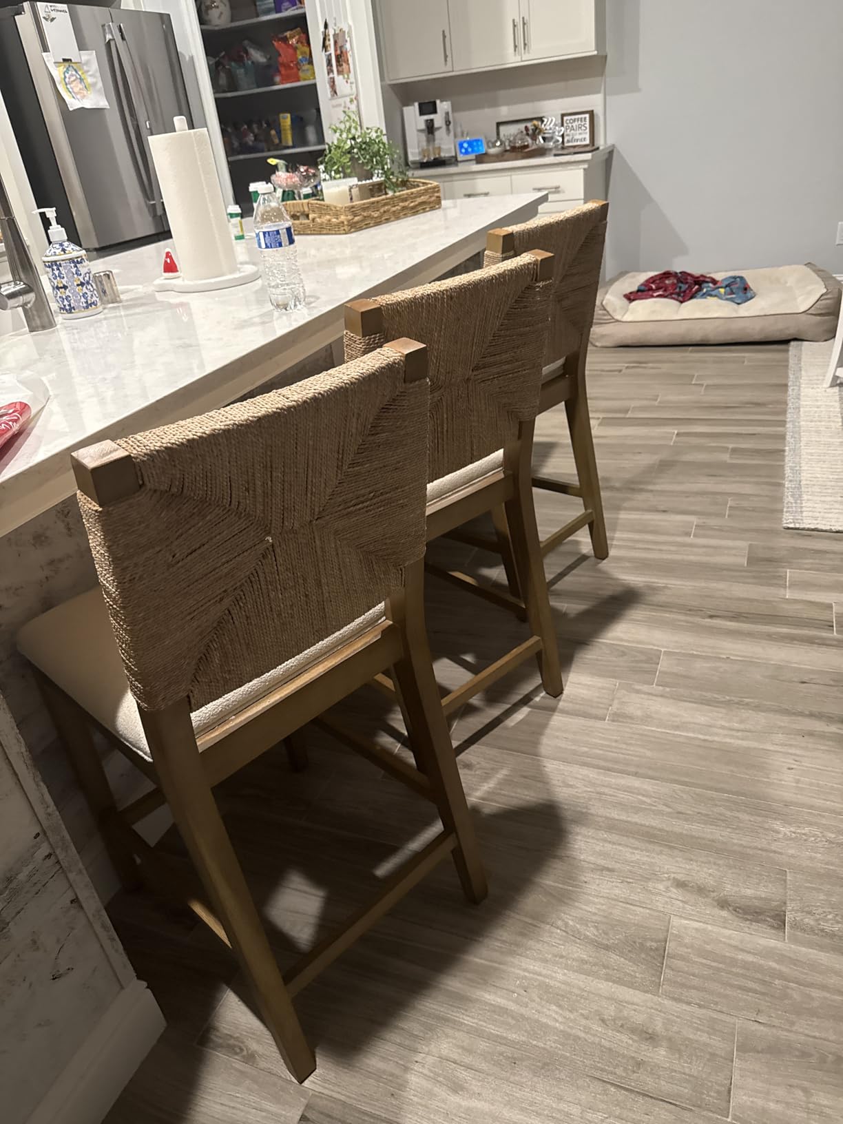 Nathan James Beacon Bohemian Boucle Bar Stool, Upholstered Counter Height Chair with Solid Wood Frame and Woven Seagrass Back for Kitchen Island, Light Brown/Seagrass/Cream Boucle, Set of 2 customer photo 2