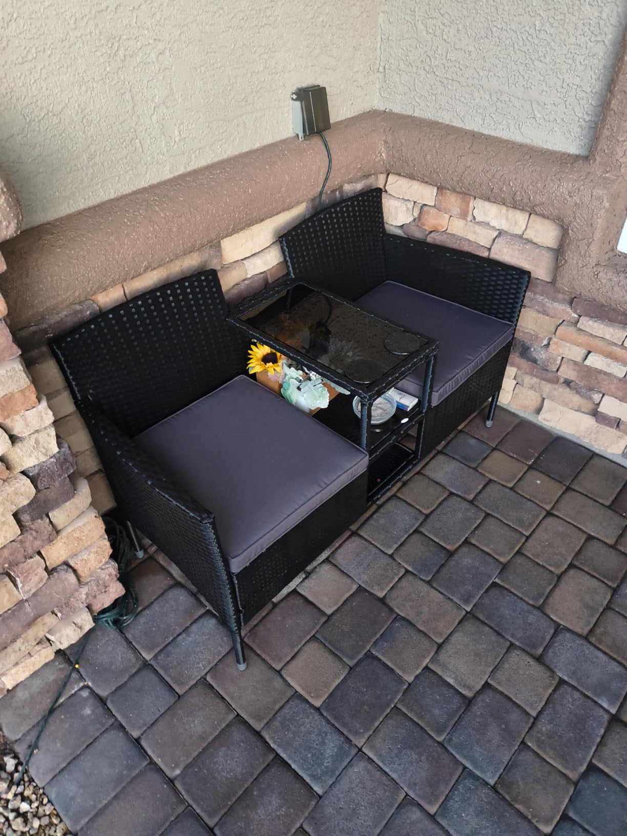Flamaker Outdoor Furniture Patio Loveseat Wicker 2-Seat with Built-in Table and Cushions Rattan Porch Chairs Bench for Balcony, Lawn, Backyard (Beige) customer photo 1