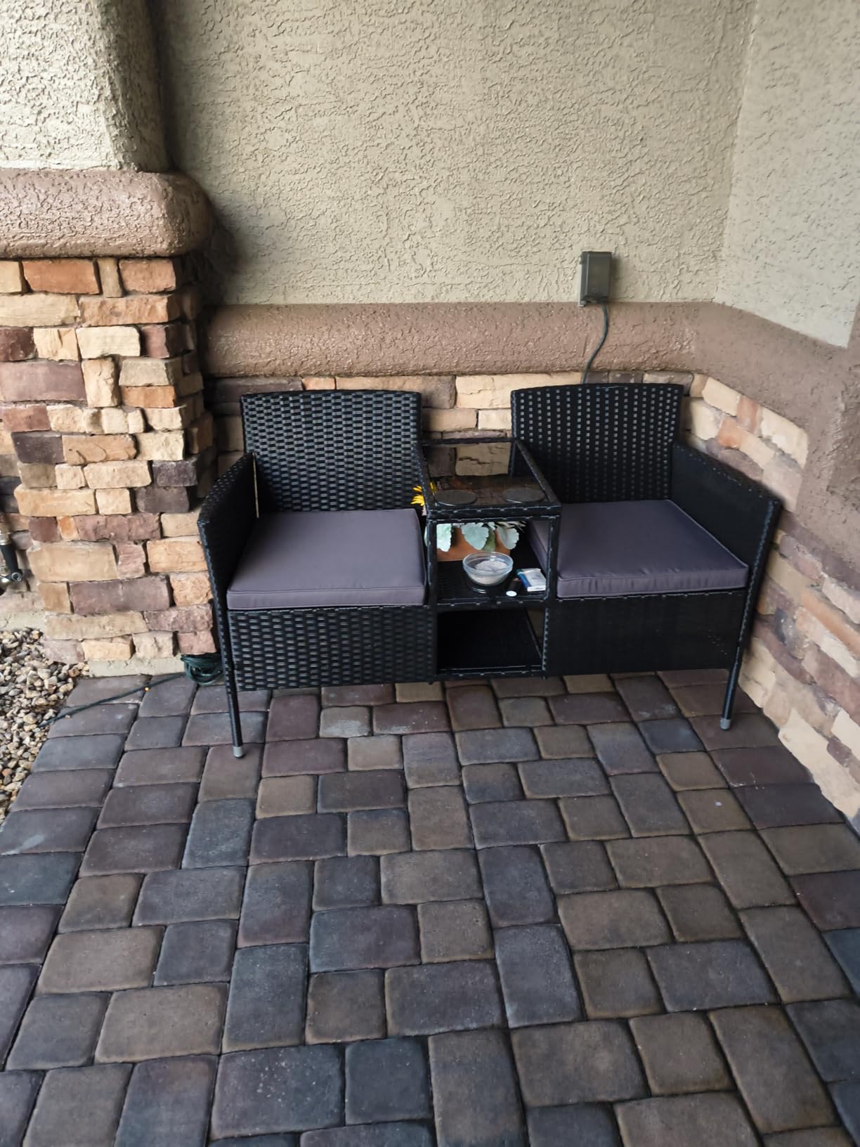 Flamaker Outdoor Furniture Patio Loveseat Wicker 2-Seat with Built-in Table and Cushions Rattan Porch Chairs Bench for Balcony, Lawn, Backyard (Beige) customer photo 2
