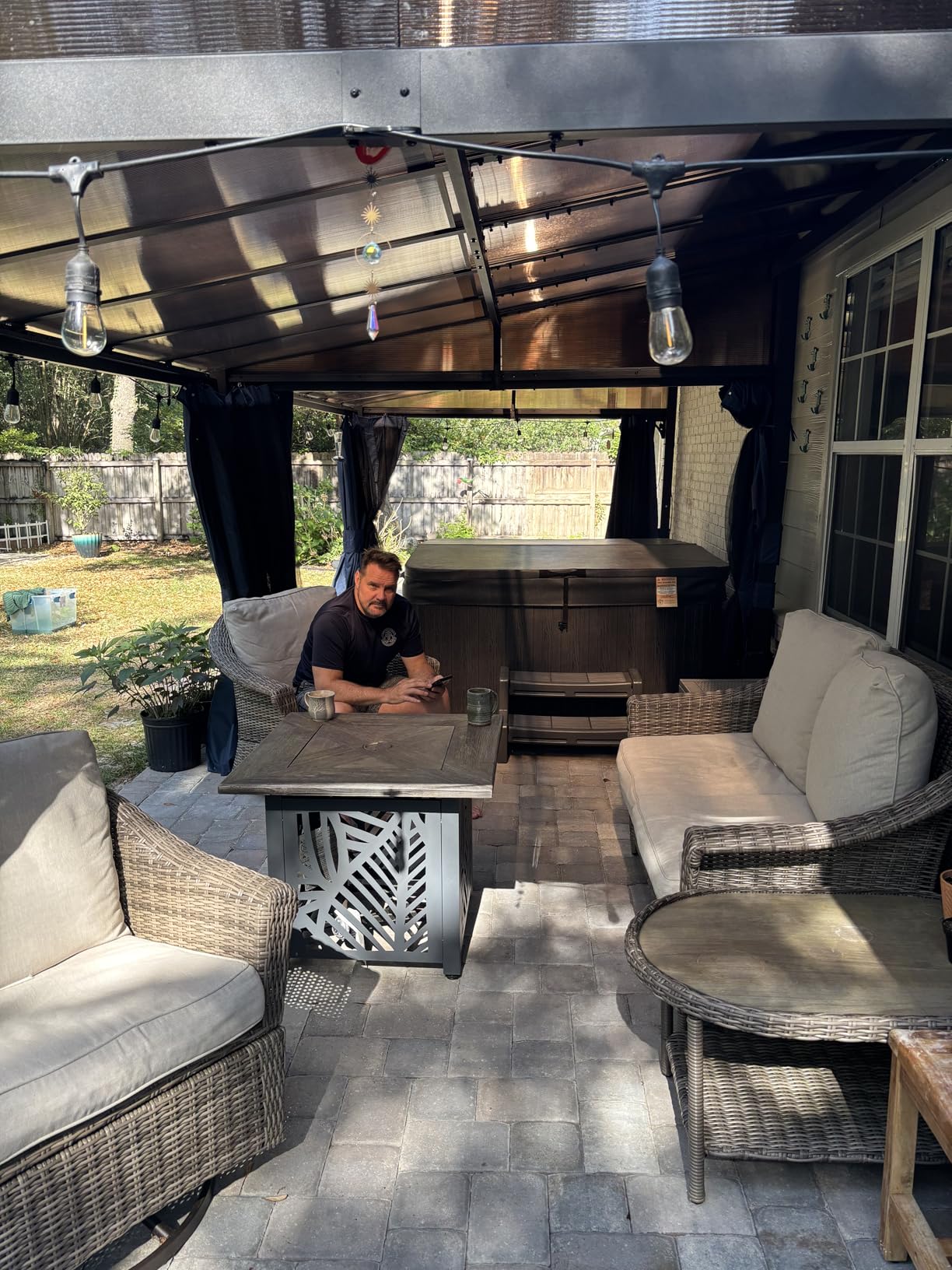 10' x 14' Lean to Gazebo, Large Wall Mount Heavy Duty Gazebos Pavilion, Outdoor Hardtop Pergola Shelter with Curtains and Netting, Sunshade for Patio Garden Lawn Backyard Deck, Brown customer photo 2