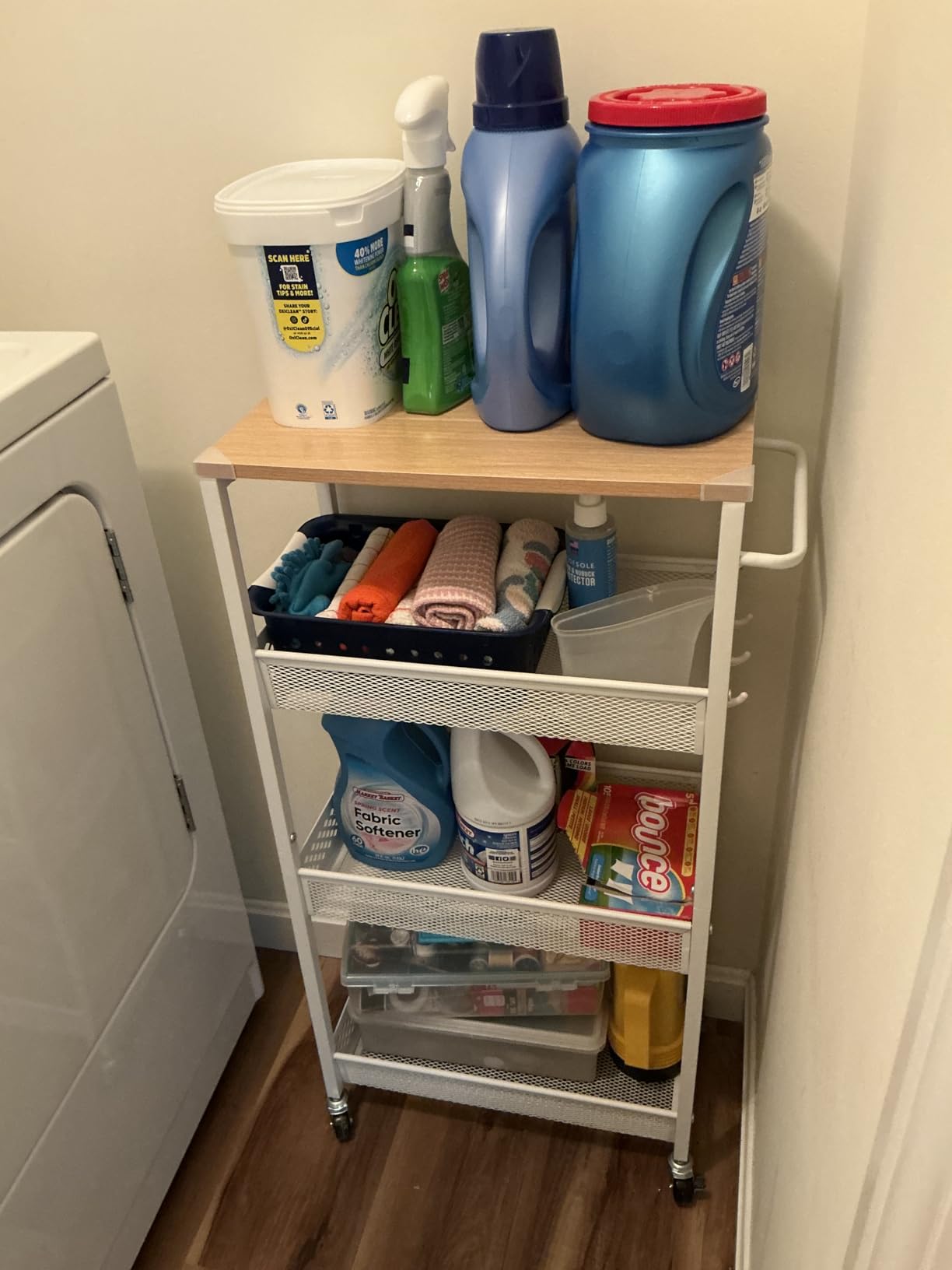 Utility Slim Storage Cart, 4 Tier Small Rolling Kitchen Laundry Room Cart with Wood Top, Metal Narrow Bathroom Storage Cabinet Mobile Shelf Unit Organizer Trolley with Handle for Narrow Space customer photo 1