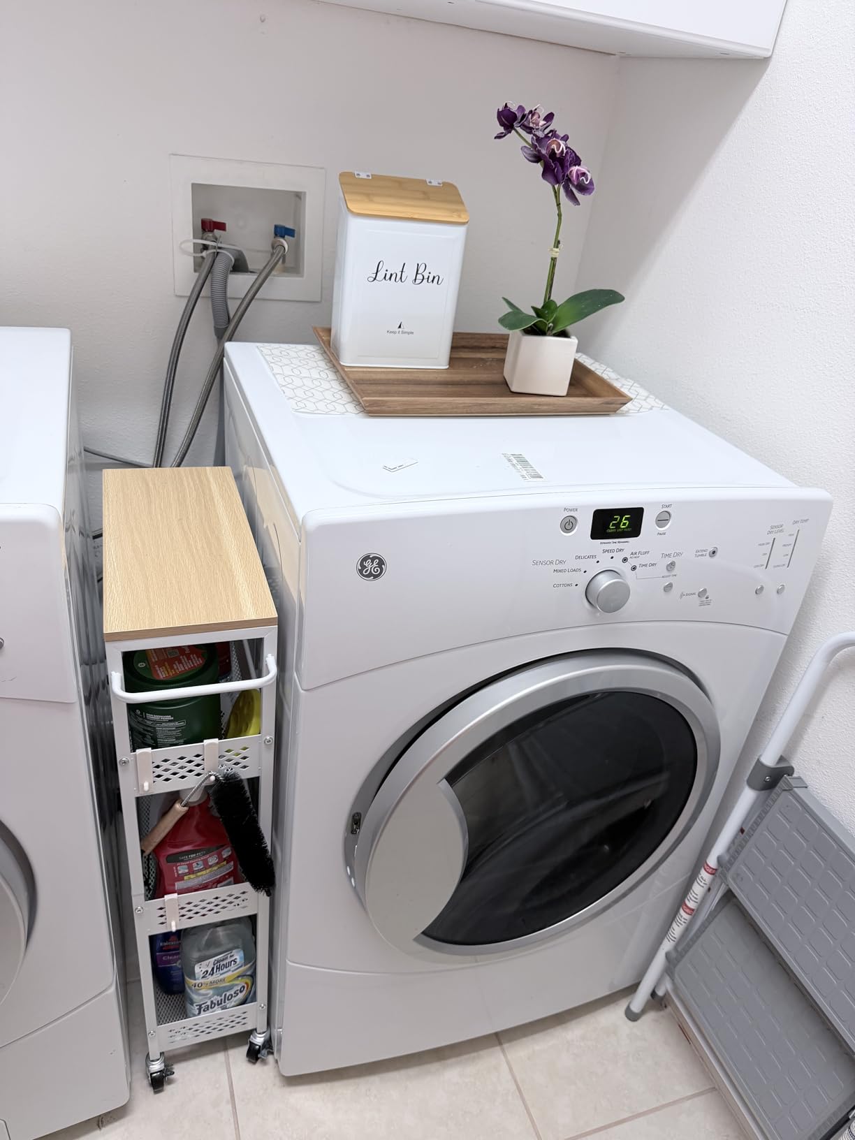 Utility Slim Storage Cart, 4 Tier Small Rolling Kitchen Laundry Room Cart with Wood Top, Metal Narrow Bathroom Storage Cabinet Mobile Shelf Unit Organizer Trolley with Handle for Narrow Space customer photo 2