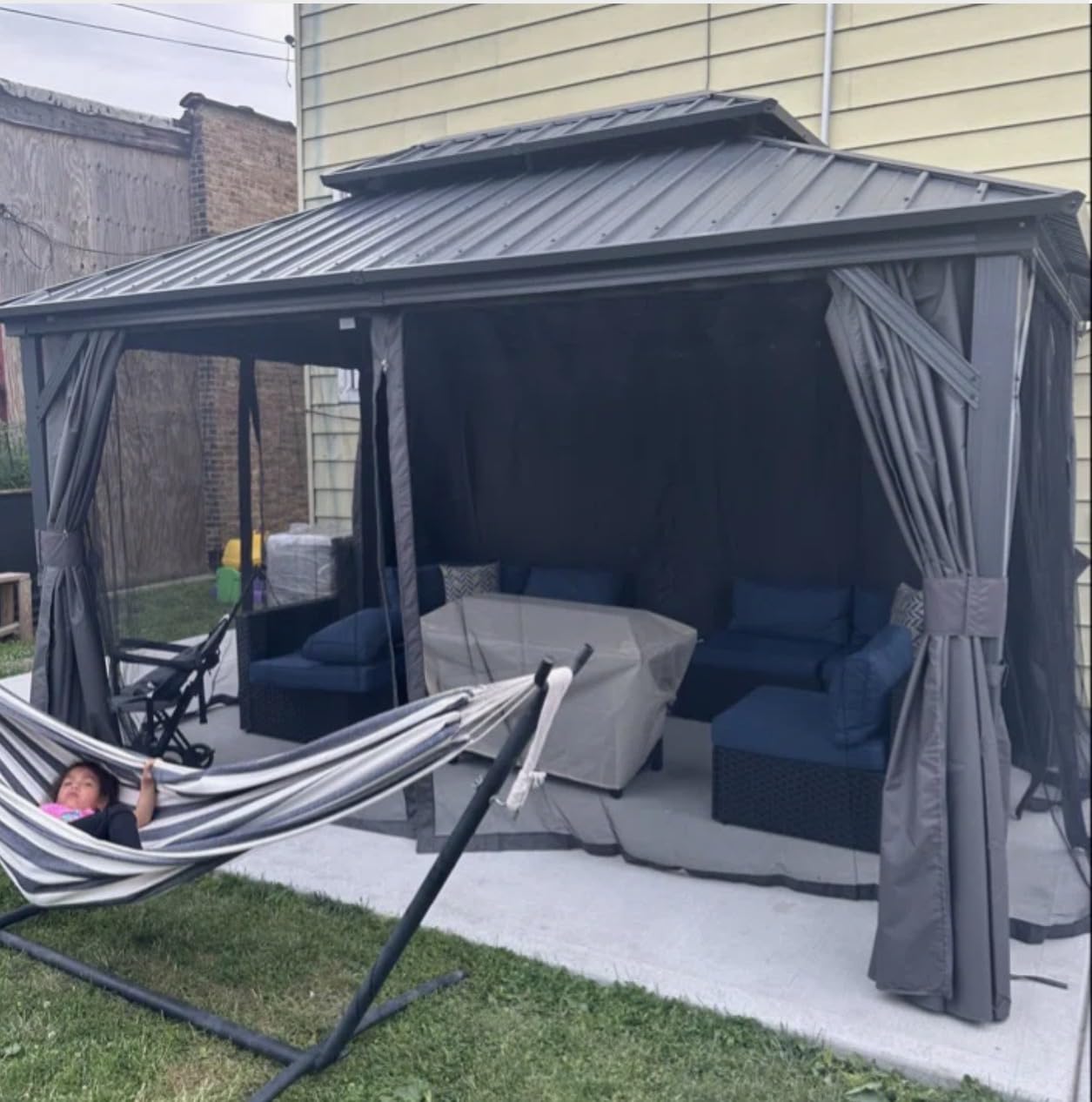 Aoxun 10' X 12' Hardtop Gazebo, Aluminum Metal Outdoor Gazebo with Galvanized Steel Double Roof, Permanent Patio Pavilion with Breathable Netting and Curtains for Dining, Wedding, Party customer photo 2