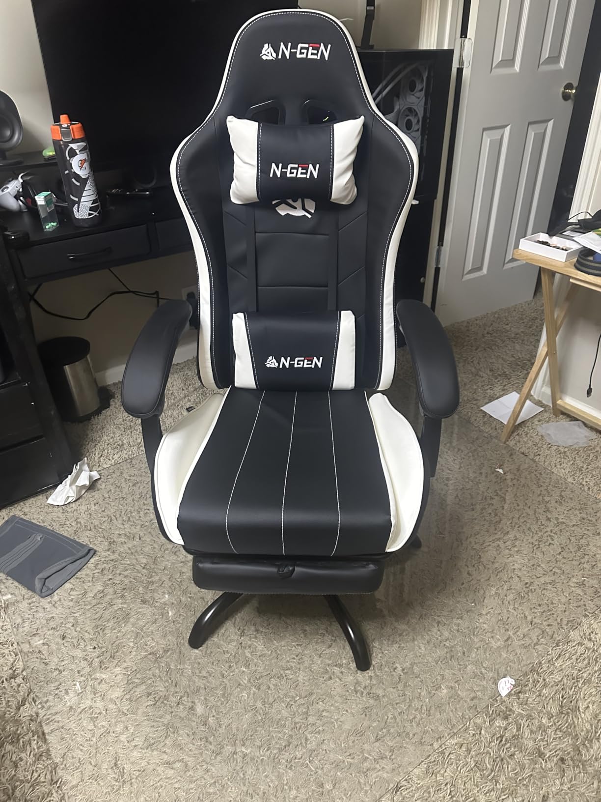 N-GEN GAMING Video Gaming Chair with Footrest Lumbar Support for Home Office High Back Recliner Height Adjustable Ergonomic Comfy Leather Computer Desk Chair (Black) customer photo 1