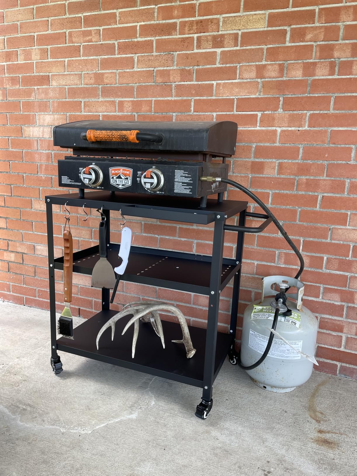 Outdoor Grill Cart Table,Indoor and Outdoor Pizza Oven Table,with 4 Movable Total Lock Casters, Hooks, Side Handle Multifunctional (Black) customer photo 2