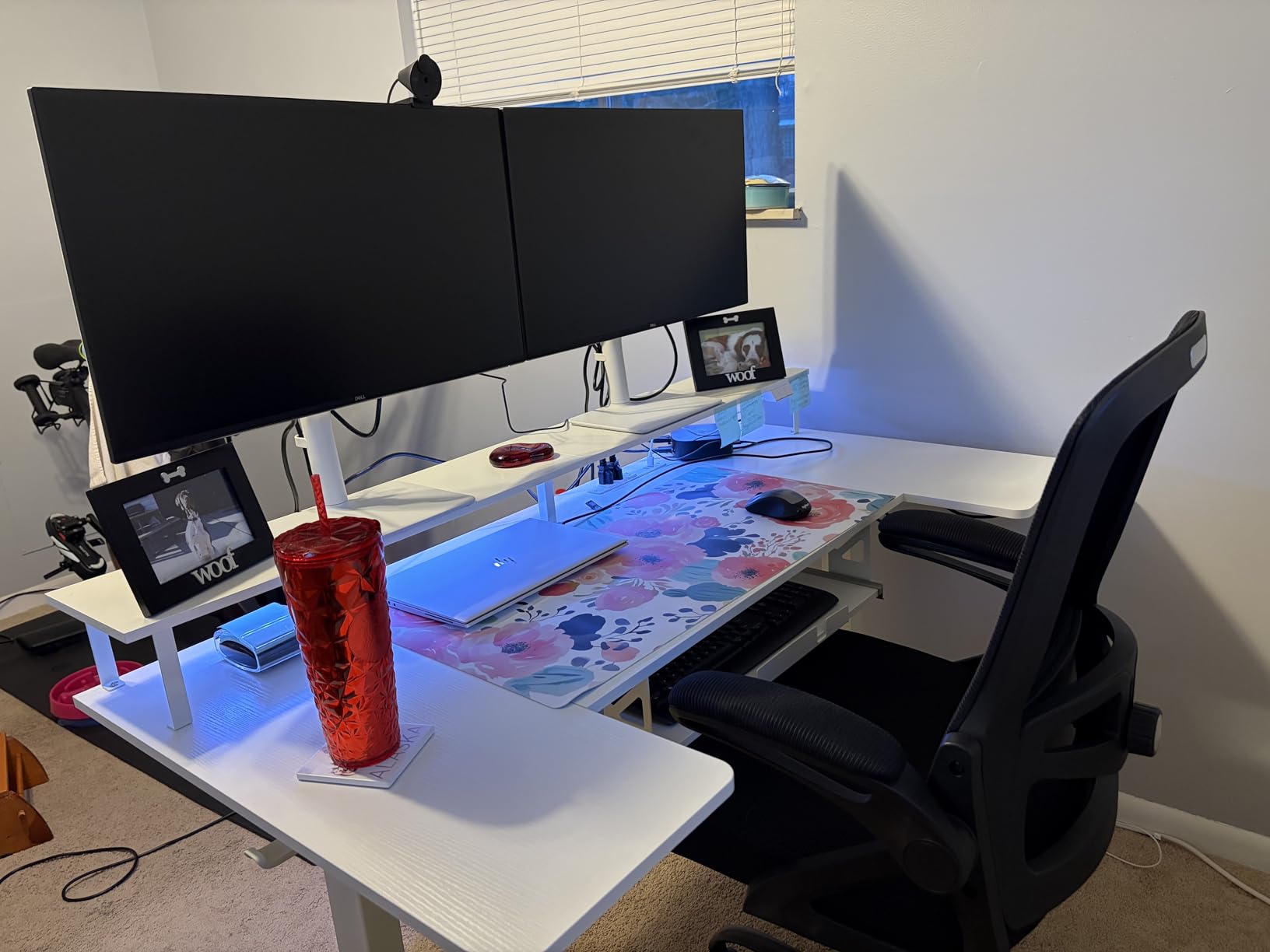 OffiGo U Shaped Electric Standing Desk with Keyboard Tray, 55 Inch Height Adjustable Desk with Power Outlets & LED Lights, Sit Stand Table with Monitor Stand for Home, Office, White customer photo 1