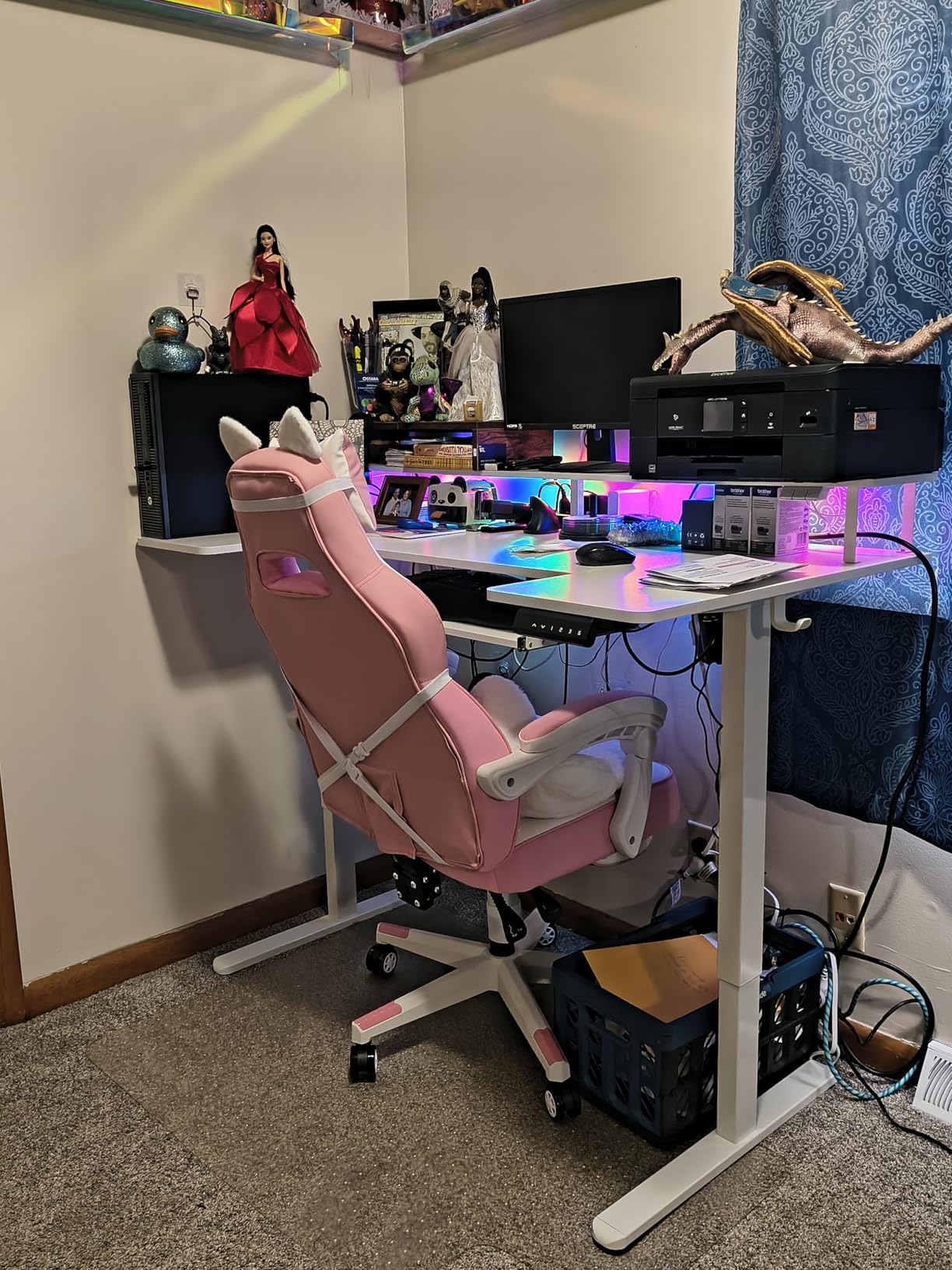 OffiGo U Shaped Electric Standing Desk with Keyboard Tray, 55 Inch Height Adjustable Desk with Power Outlets & LED Lights, Sit Stand Table with Monitor Stand for Home, Office, White customer photo 2