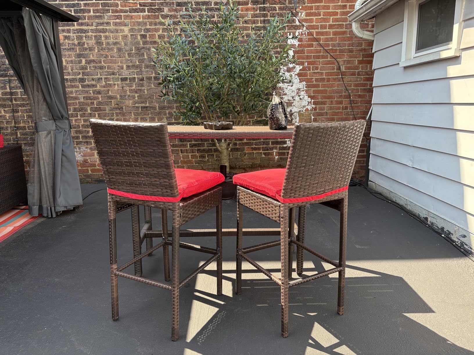 Sundale Outdoor Wicker Bar Stool Set of 2, 30 Inch Seat Height Patio Counter Height Stool with Back Rest, Rattan Woven Tall Chair with Pillow & Beige Cushion, High Bar Stool - Steel, Brown customer photo 2