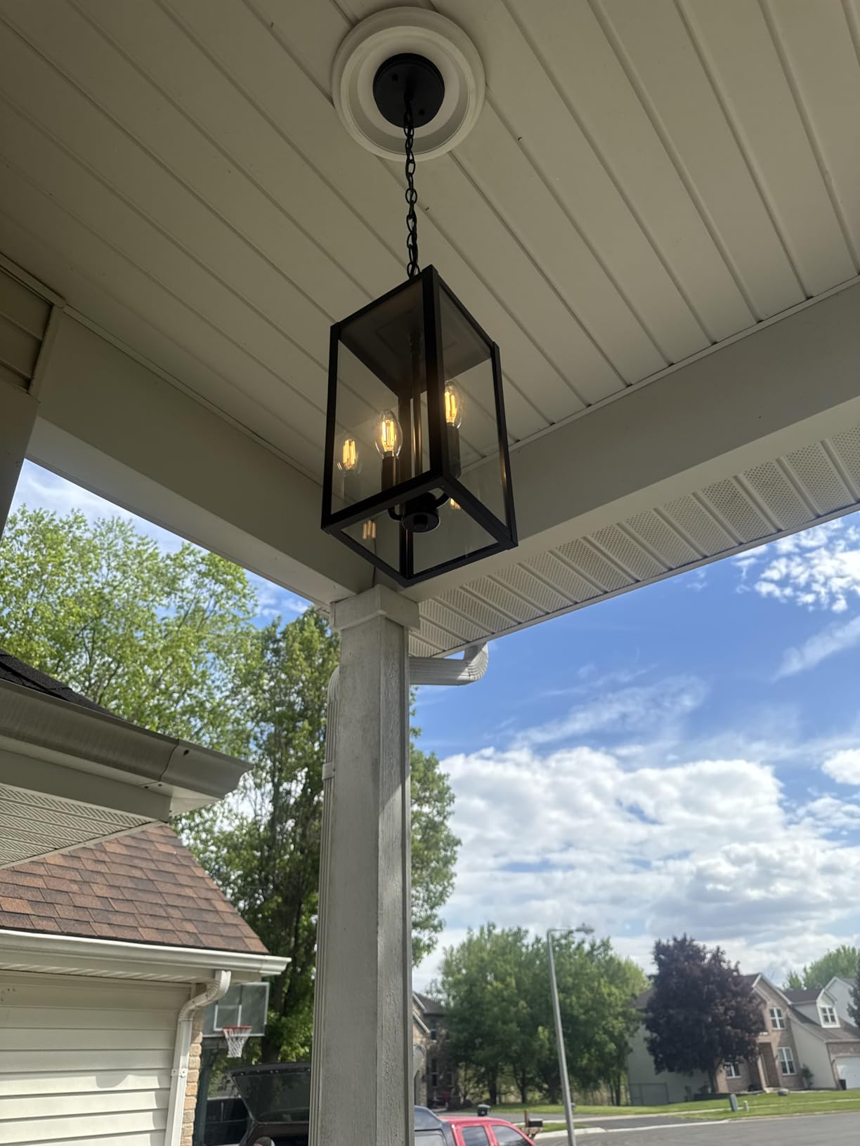 15'' Large Outdoor Pendant Light 2-Light, Modern Black Metal Outside Chandelier Exterior Hanging Fixture Ceiling Mount with Clear Glass for Front Porch Entrance Foyer Entryway, 1 Pack customer photo 2