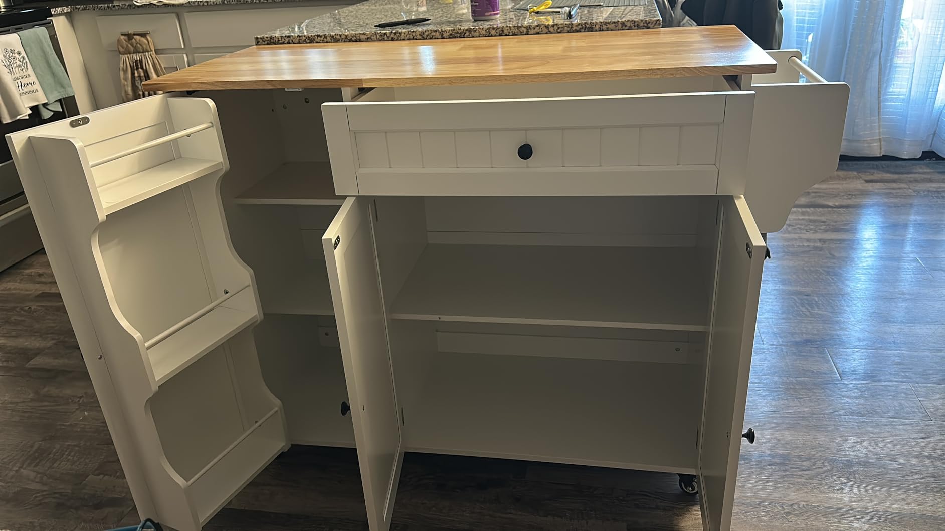 Ahomly Kitchen Island with Storage, Island Table for Kitchen with Drop Leaf, 5 Wheels, Internal Storage Rack, Drawer, Spice Rack and Towel Bar customer photo 2