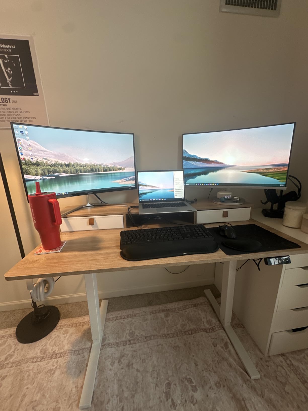 TIQLAB Standing Desk with Two Drawers, Stand Up Standing Desk Adjustable Height, Electric Sit Stand Table with Storage Shelf and Splice Board, 48 * 24 inch, Maple customer photo 2