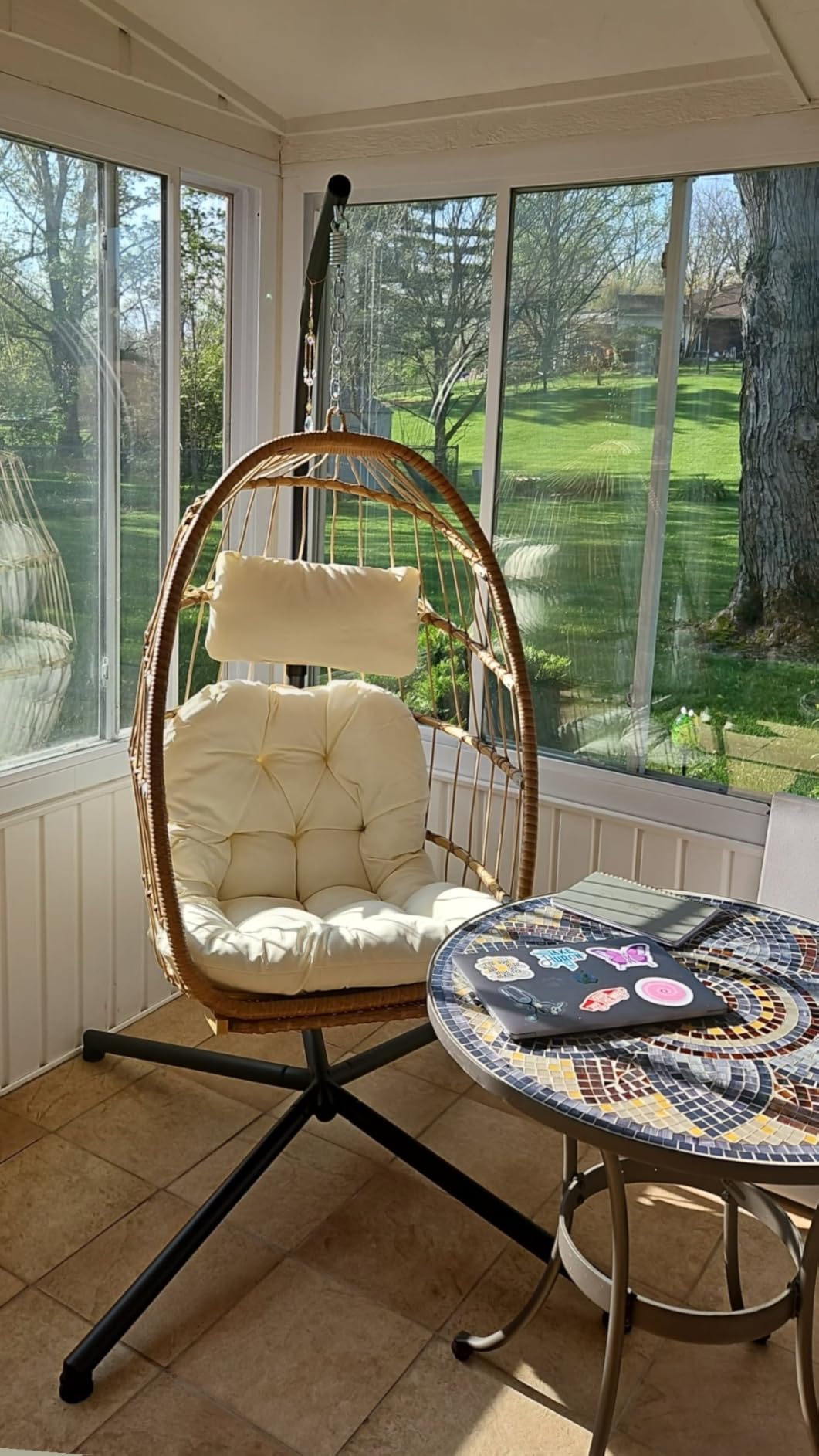 Brafab Hanging Egg Chair with Stand and Footrest, Wicker Egg Swing Chair Indoor Outdoor Aluminum-Steel Frame and UV Resistant Cushion, Patio Lounge Hammock Chairs for Bedroom 370LBS Capacity, Begie customer photo 1