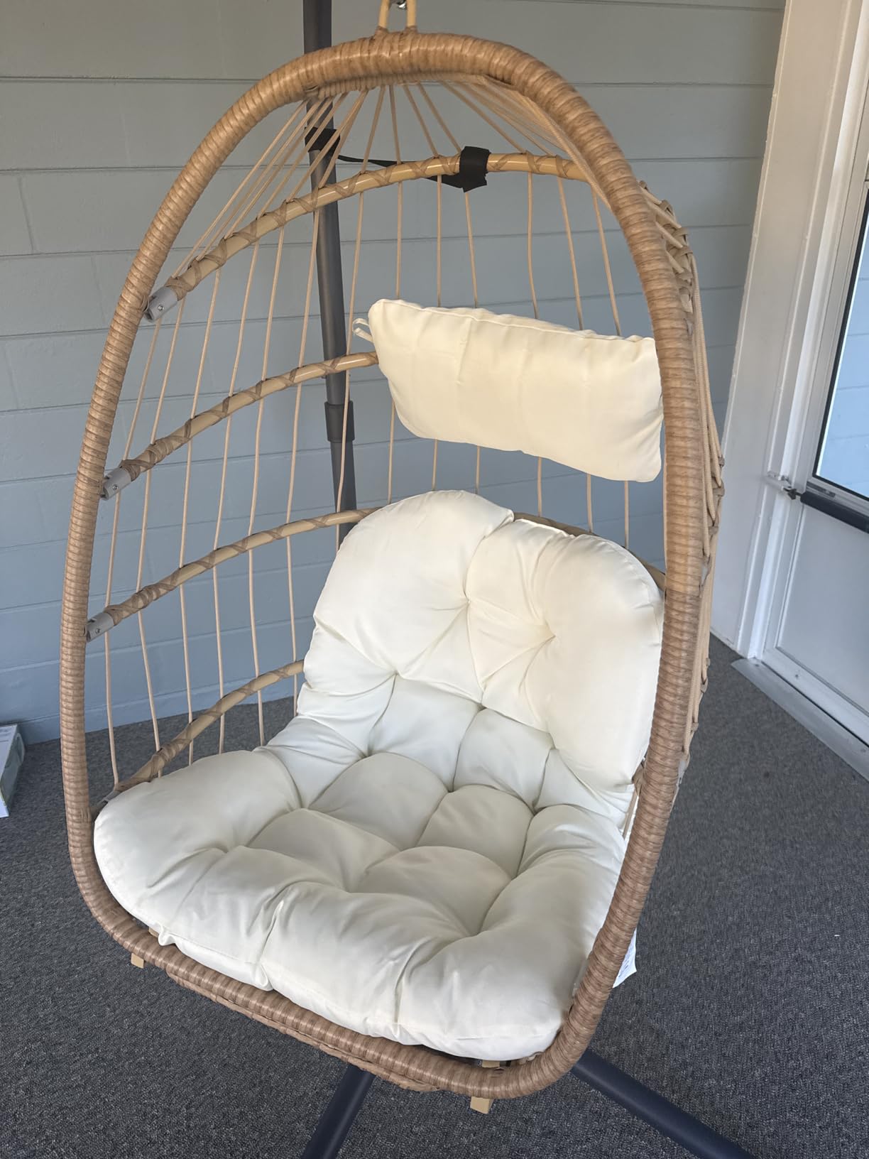 Brafab Hanging Egg Chair with Stand and Footrest, Wicker Egg Swing Chair Indoor Outdoor Aluminum-Steel Frame and UV Resistant Cushion, Patio Lounge Hammock Chairs for Bedroom 370LBS Capacity, Begie customer photo 2