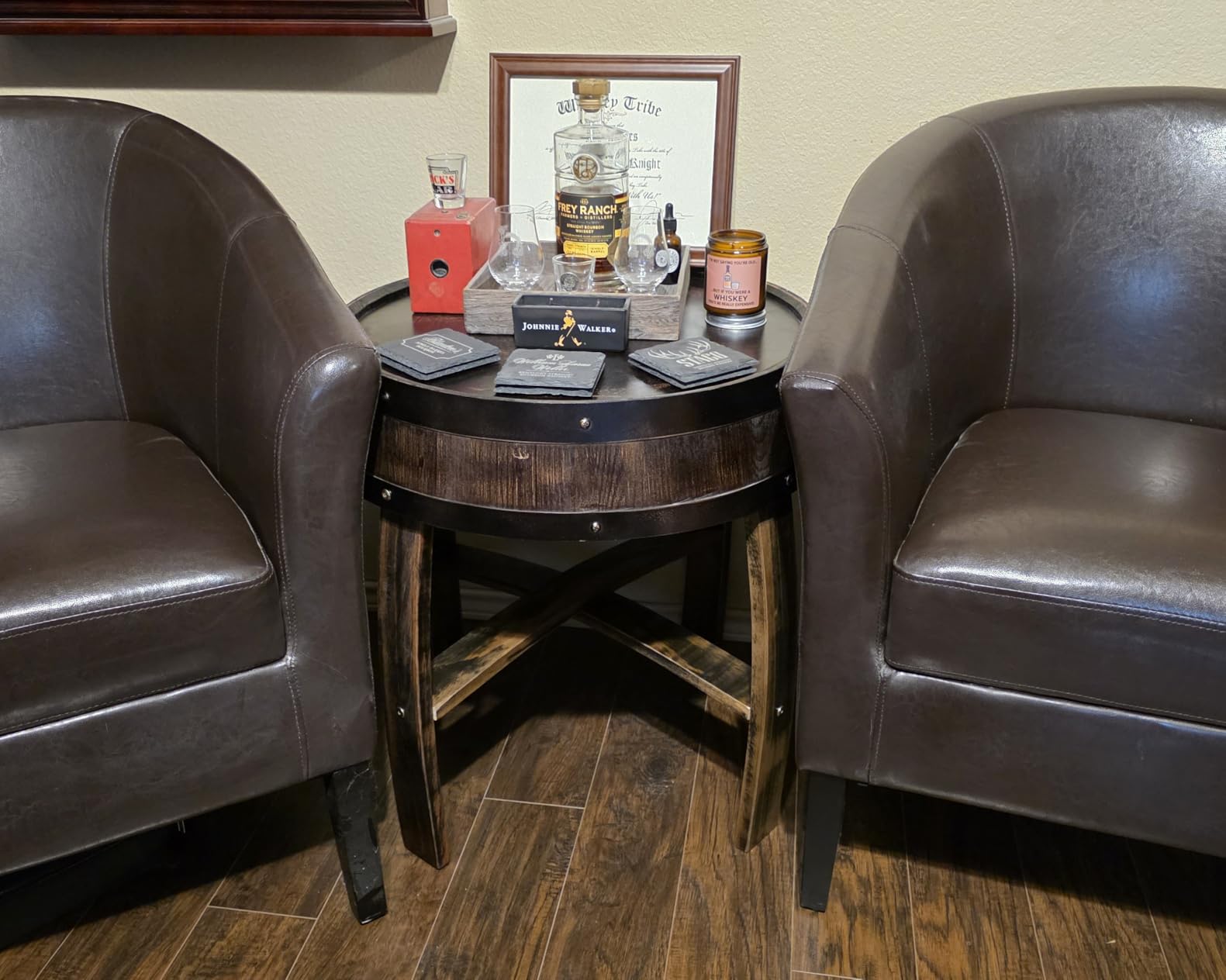 Farmhouse Whiskey Barrel End Table,Round Wood Barrel Side Table,Rusitc Wine Barrel Bourbon Barrel Coffee Table Handcrafted Oak Barrel Decor Furniture customer photo 2