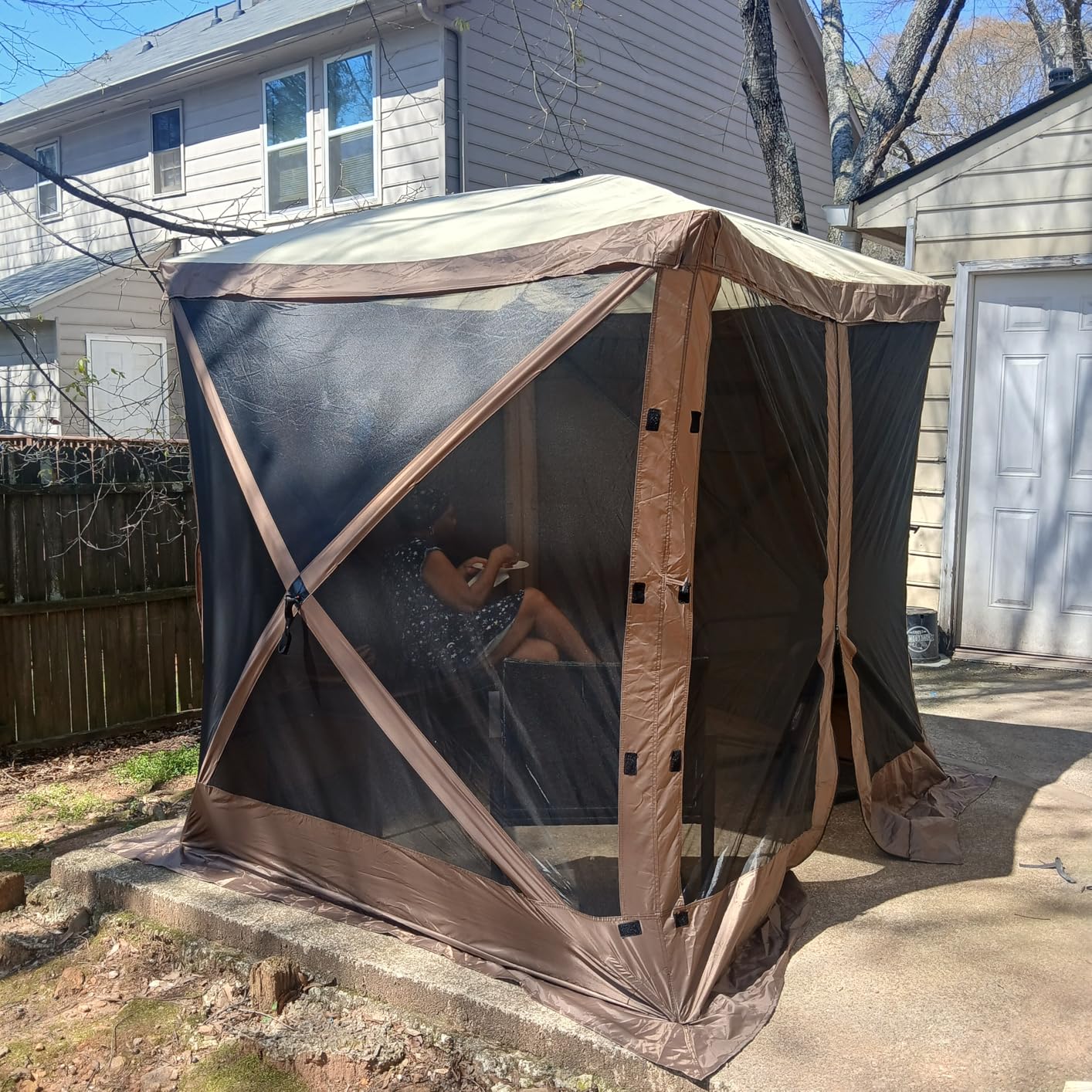 VEVOR Pop Up Gazebo Screen Tent 6 Sided Canopy Sun Shelter with 6 Removable Privacy Wind Cloths & Mesh Windows, 11.5x11.5FT Quick Set Screen Tent with Mosquito Netting, Brown customer photo 1