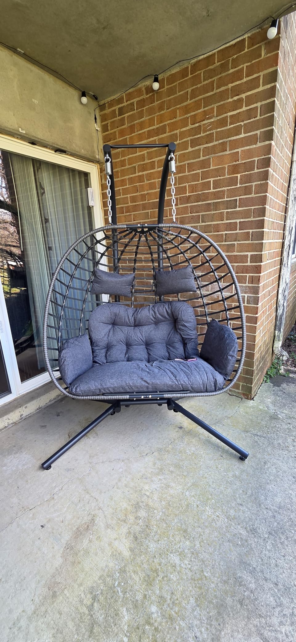 Double Egg Swing Chair with Stand, Outdoor Patio 2 Person Hanging Wicker Hammock Chairs with Cushion - Dark Grey customer photo 2