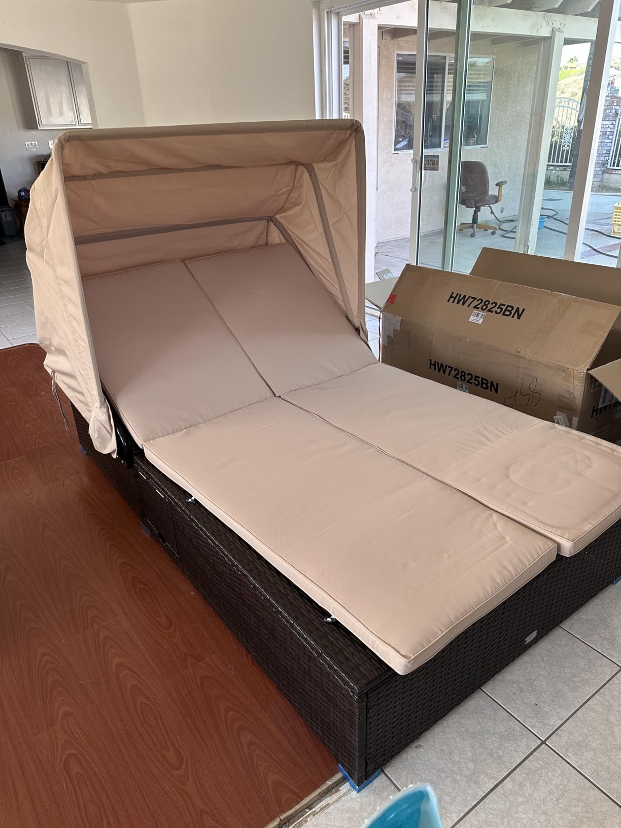 RELAX4LIFE Outdoor Daybed with Retractable Canopy - Wicker Double Chaise Lounge w/6-Position Backrest, 2 Folding Side Trays & Cushions, 2-Seater Loveseat Sunbed for Backyard, Rattan Patio Bed Lounger customer photo 2