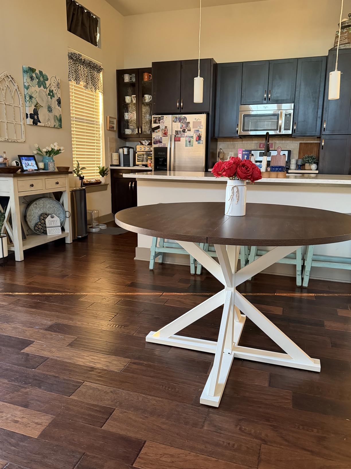 Round Wood Dining Table for Kitchen,Dining Room,Living Room,Farmhouse Dinner Tables W/Thickened Brown Wooden Waterproof Tabletop for 4 People,47 inch Rustic Kitchen Table W/Metal Support customer photo 2