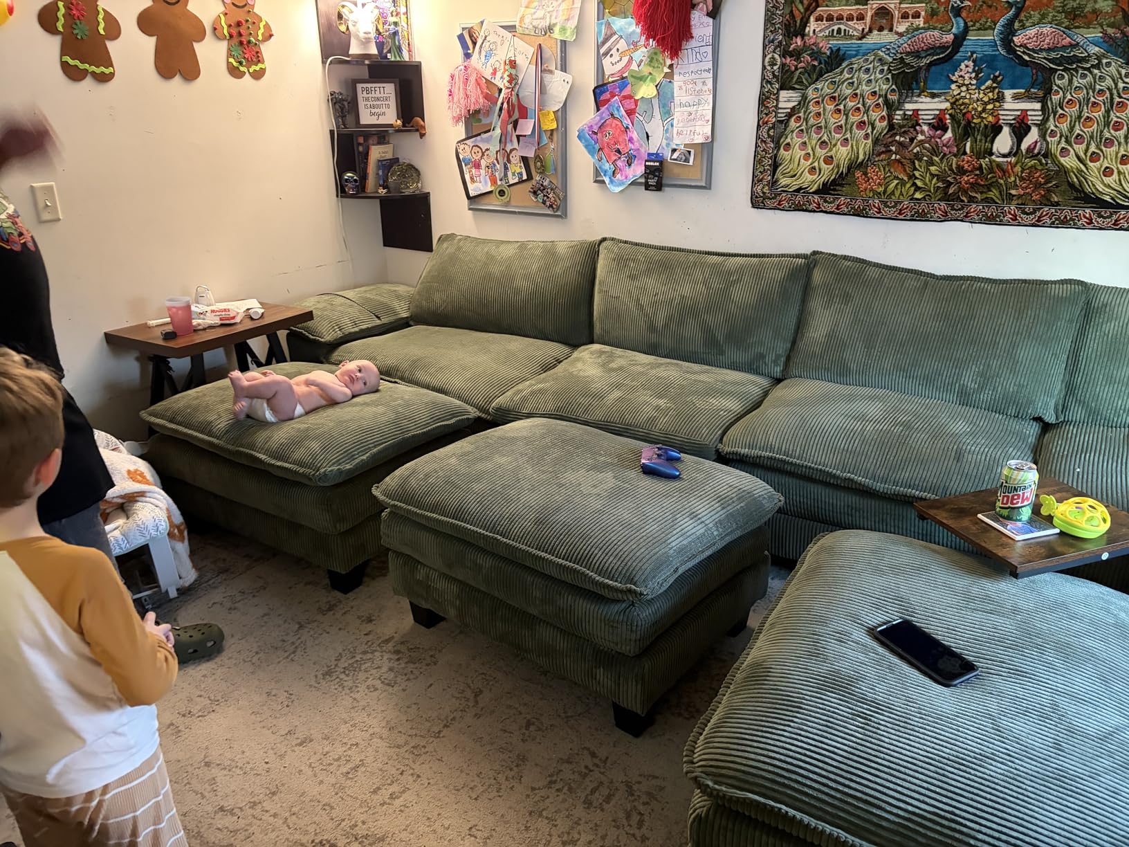 LINSY HOME 123'' Modular Sectional Sofa Green Couch Corduroy Cloud Couches for Living Room, L Shaped Couch with Movable Ottoman, Modern Cloud Sectional Sofas for Bedroom and Apartment, Green customer photo 1