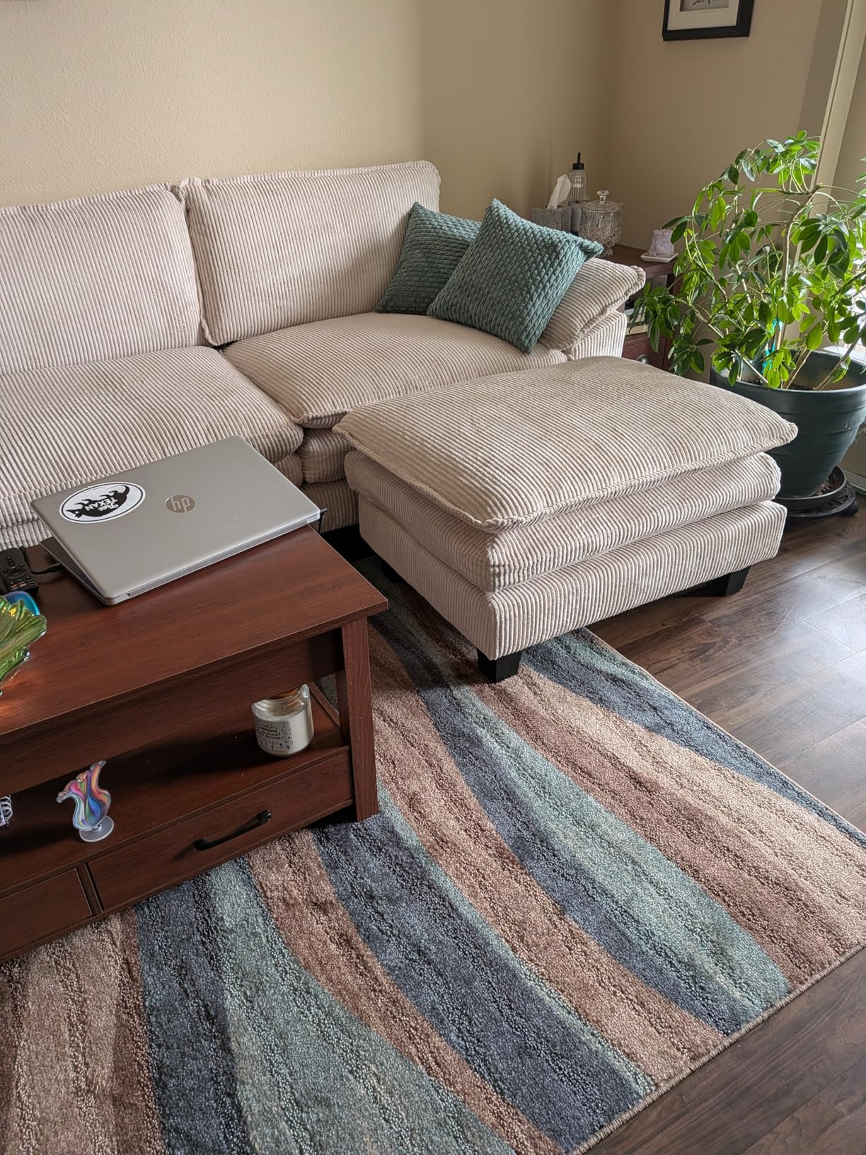 LINSY HOME 123'' Modular Sectional Sofa Green Couch Corduroy Cloud Couches for Living Room, L Shaped Couch with Movable Ottoman, Modern Cloud Sectional Sofas for Bedroom and Apartment, Green customer photo 2