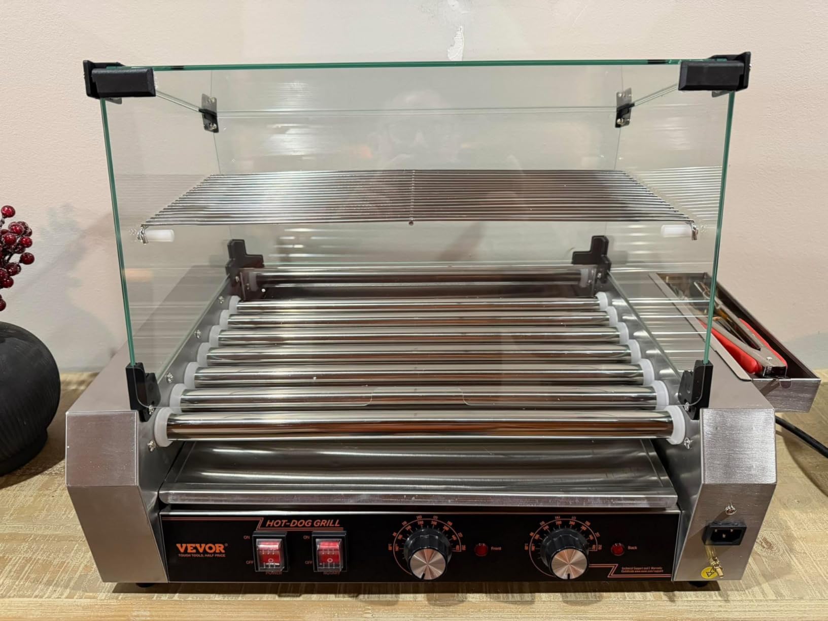 VEVOR Hot Dog Roller, 18 Hot Dog 7 Rollers, Stainless Steel Sausage Grill Cooker, 1050W Commercial Hot Dog Machine with Dual Temp Control, Cover, Side Storage Box, Removable Shelf & Oil Drip Tray customer photo 2