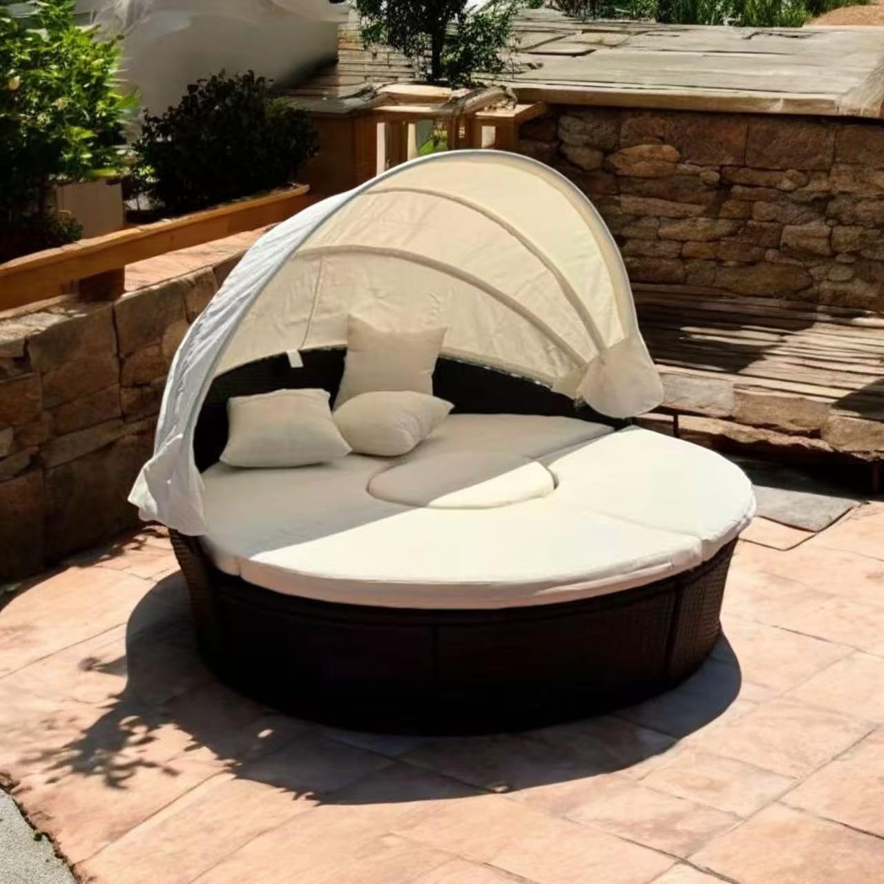 HAPPYGRILL Patio Round Daybed with Canopy, Outdoor Wicker Rattan Sectional Sofa with Coffee Table, Cushions, Patio Conversation Set for Lawn Garden Backyard Poolside customer photo 1