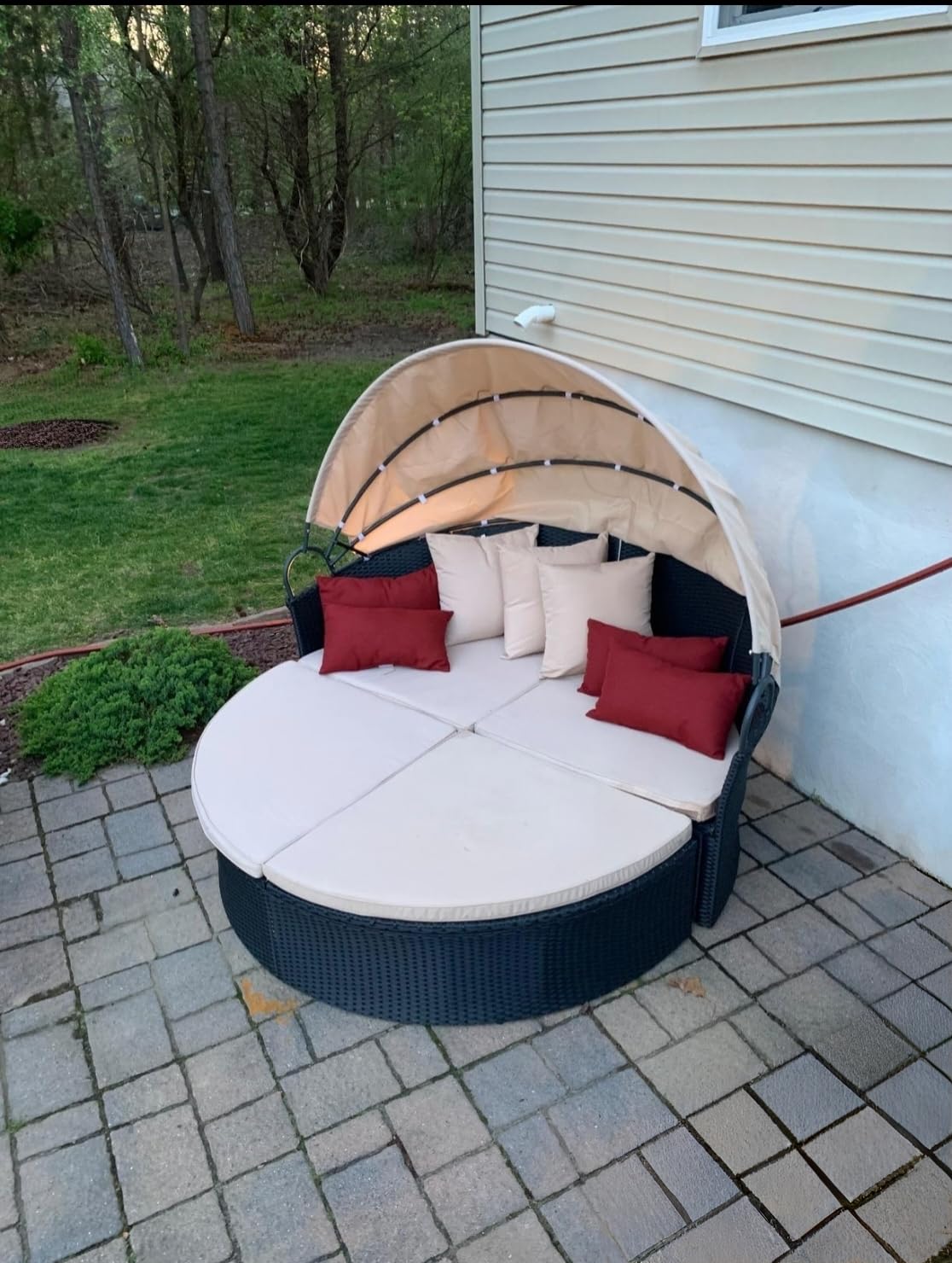 HAPPYGRILL Patio Round Daybed with Canopy, Outdoor Wicker Rattan Sectional Sofa with Coffee Table, Cushions, Patio Conversation Set for Lawn Garden Backyard Poolside customer photo 2