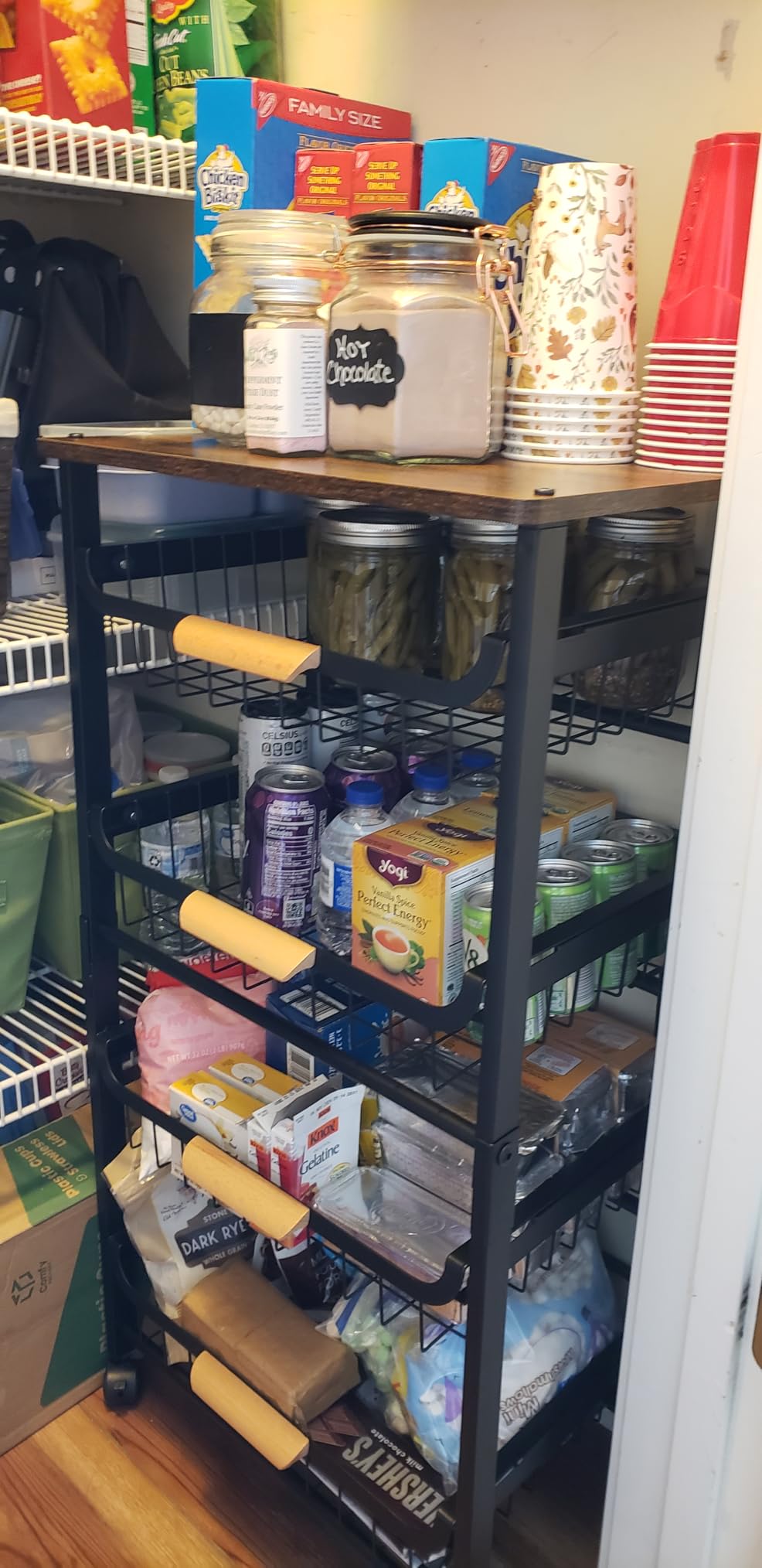 5-Tier Rolling Utility Cart, Kitchen Storage Cart with Wheels, Large Capacity Utility Cart with Wooden Tabletop & Mesh Baskets for Kitchen, Bathroom, Laundry Room customer photo 2