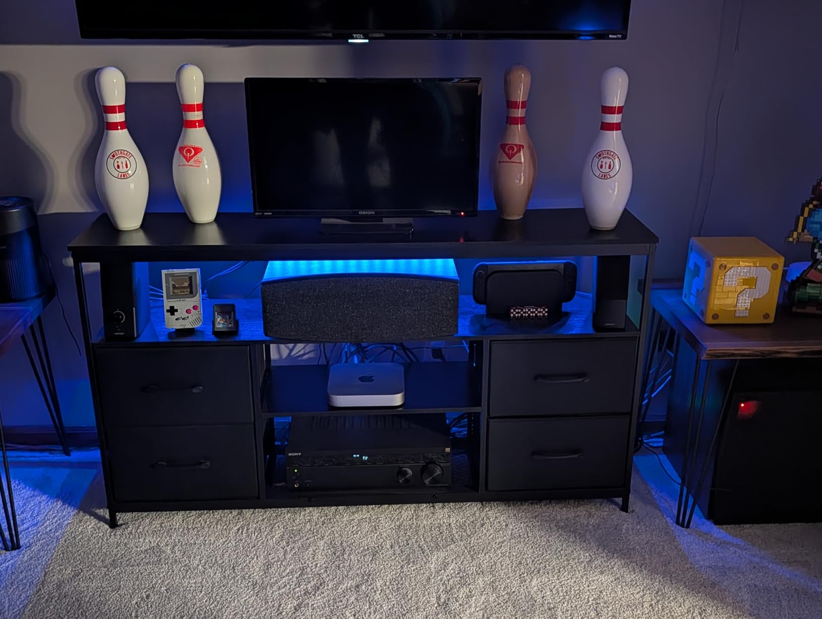 Huuger 47 Inch TV Stand Dresser with Power Outlets and LED Lights, Fabric Dresser for Bedroom with Storage, 4 Drawers Entertainment Center with Open Shelf, Media Console for 55 50 Inch TV, Black customer photo 2