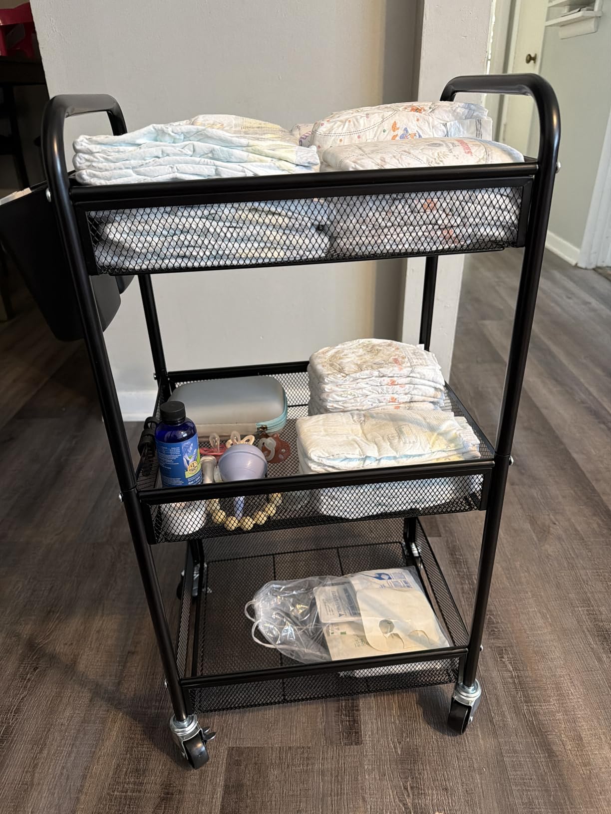 YASONIC 3 Tier Rolling Cart - Metal Utility Storage Carts with Wheels, Craft Cart Organizer with Hanging Cups, Hooks, Mesh Basket for Bedside Kitchen Office Art, Black customer photo 1