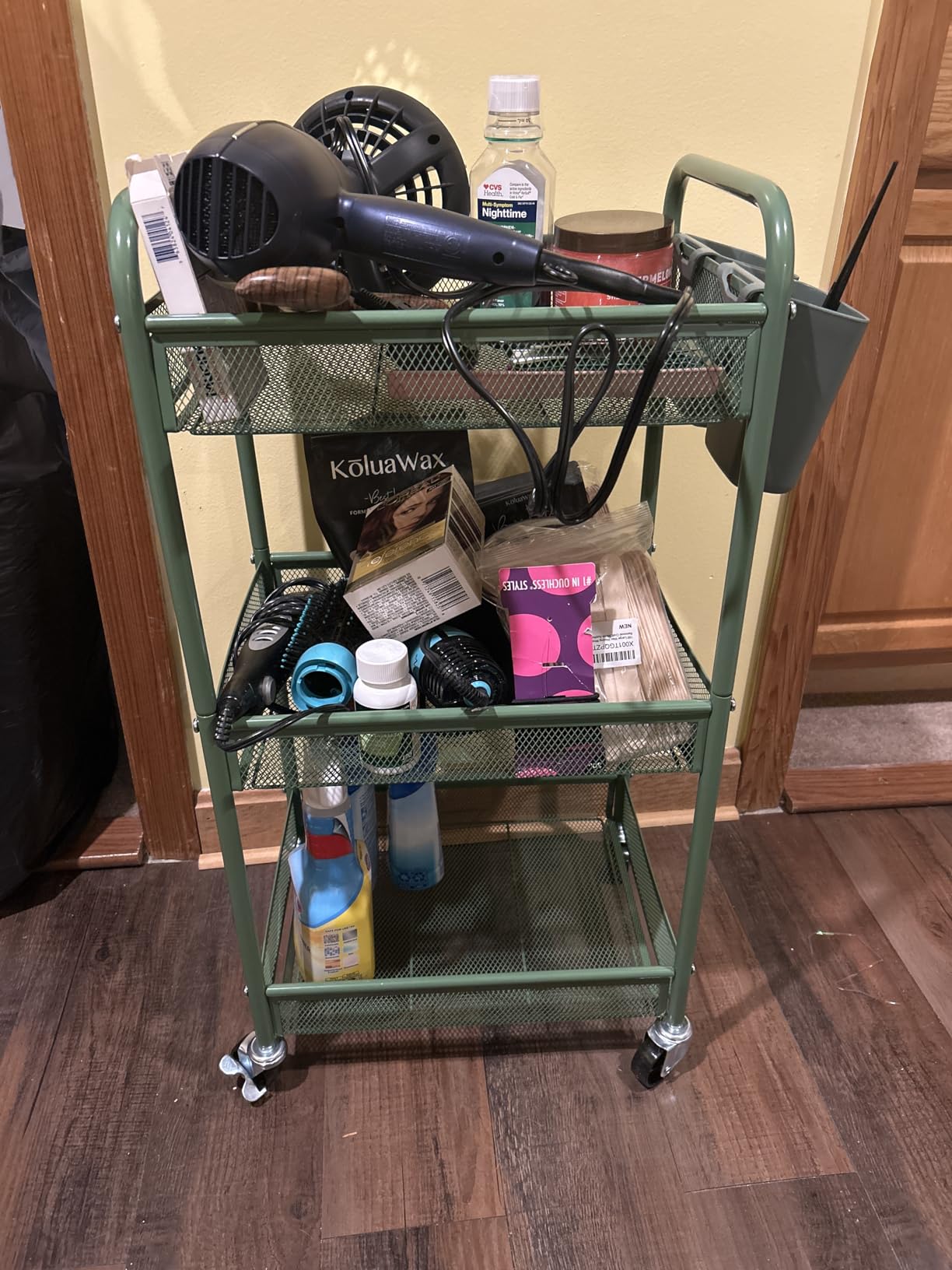 YASONIC 3 Tier Rolling Cart - Metal Utility Storage Carts with Wheels, Craft Cart Organizer with Hanging Cups, Hooks, Mesh Basket for Bedside Kitchen Office Art, Black customer photo 2