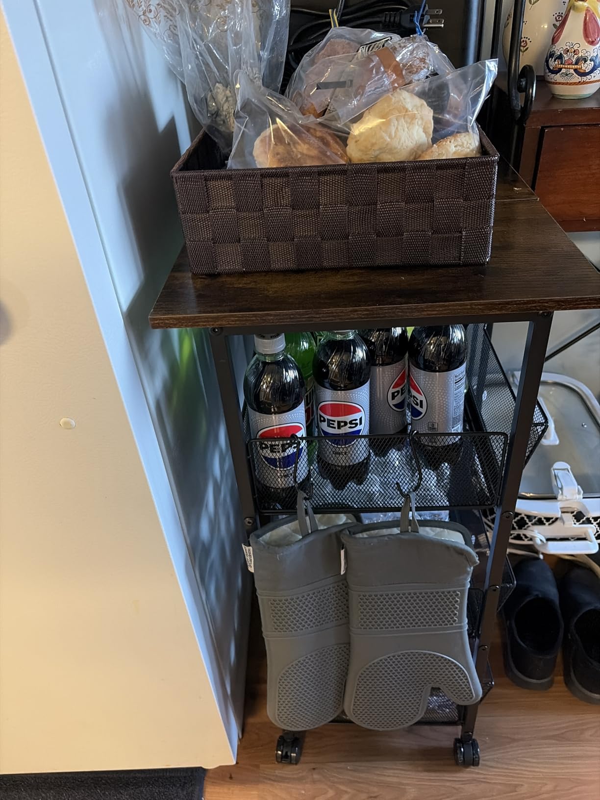 Rolling Kitchen Storage Microwave Cart, Kitchen Island with Adjustable Shelf on Lockable Wheels, Countertop 27.75