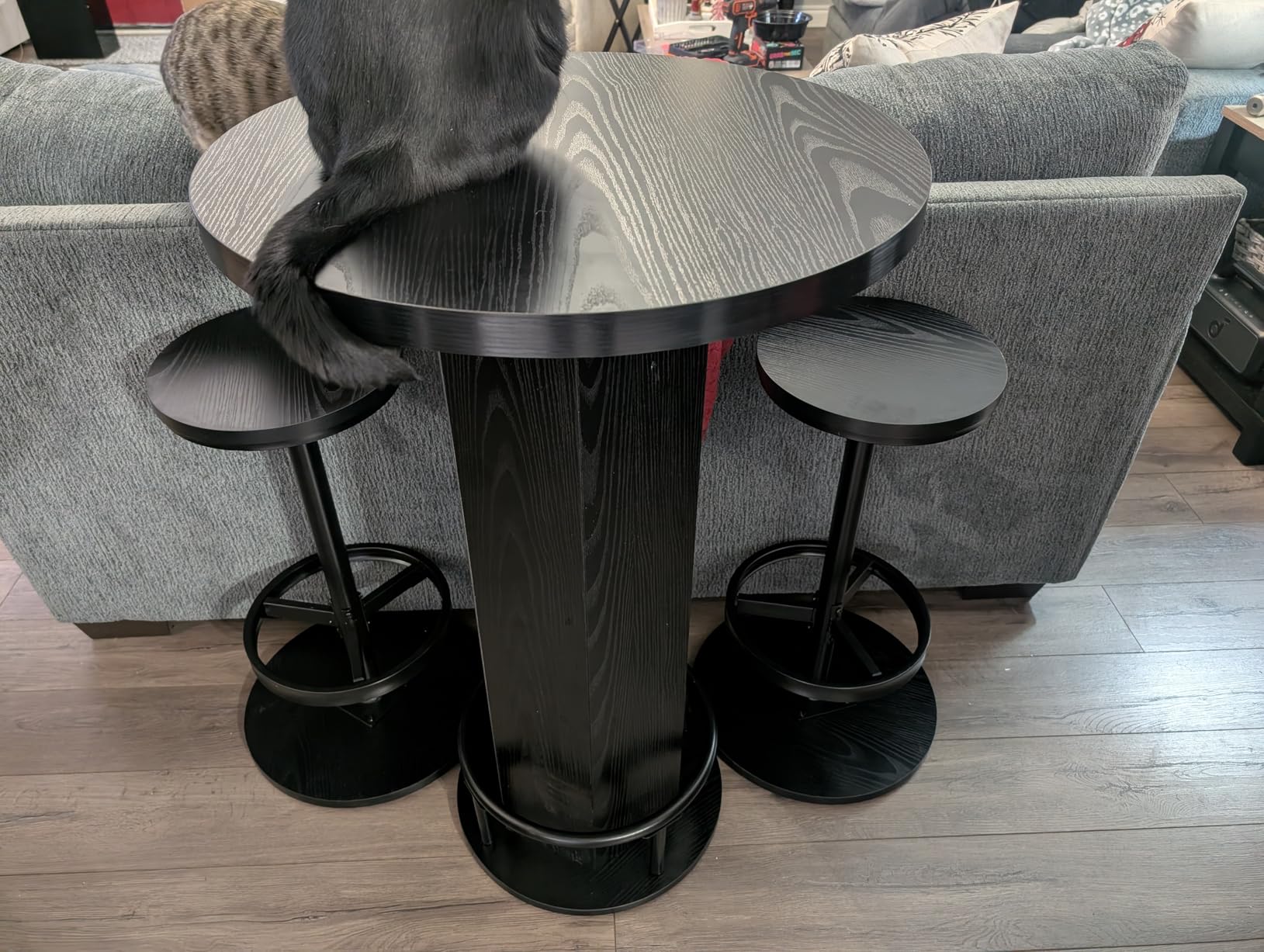 Tribesigns Round Bar Table with Chairs, Industrial Bistro Sets with 2 barstools, Pub Cocktail Table with Metal Ring Footrest for Kitchen Nook, Apartment, Small Space customer photo 2